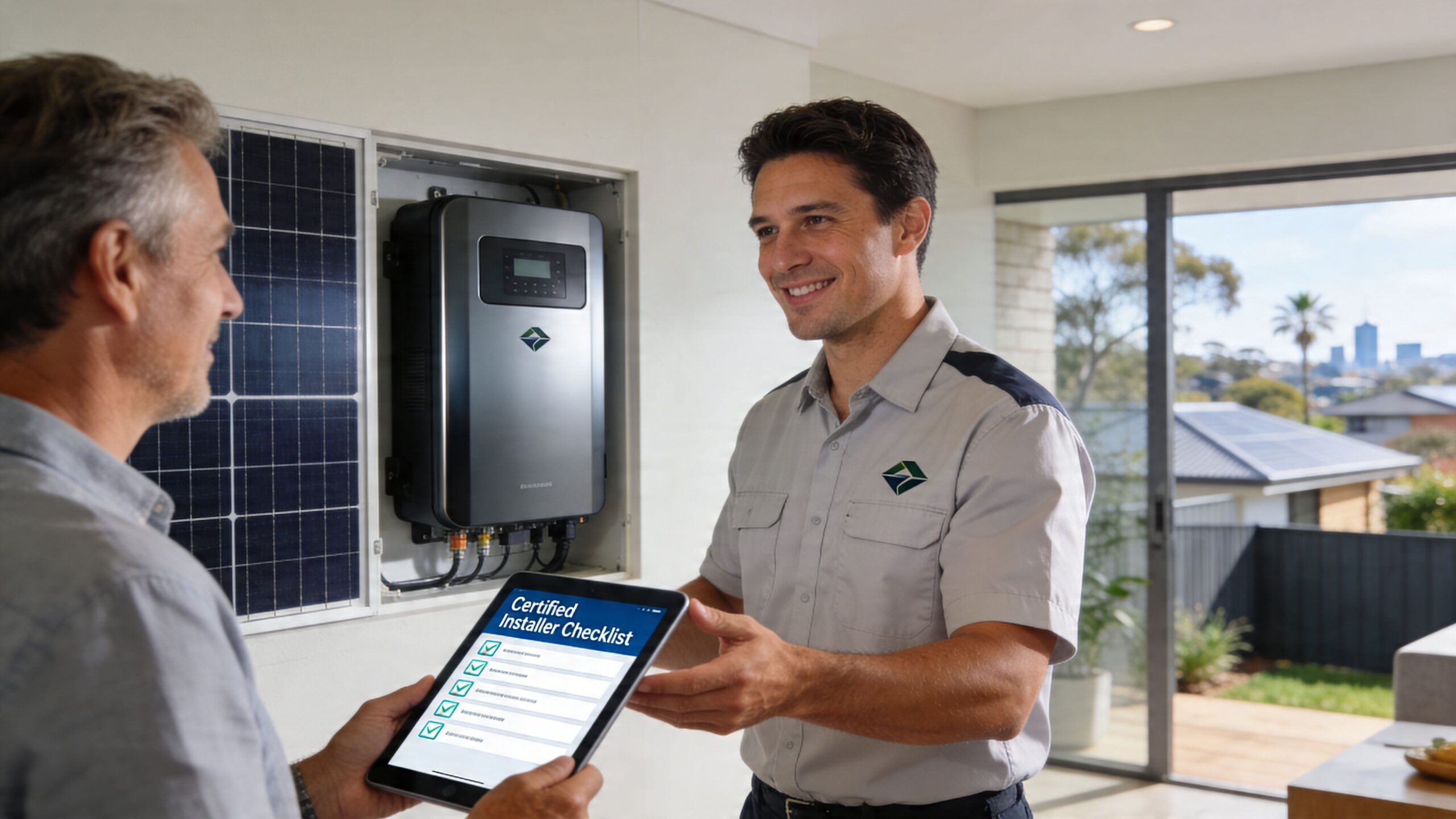 A professional solar technician reviews a certified installer checklist with a customer after a home solar installation.