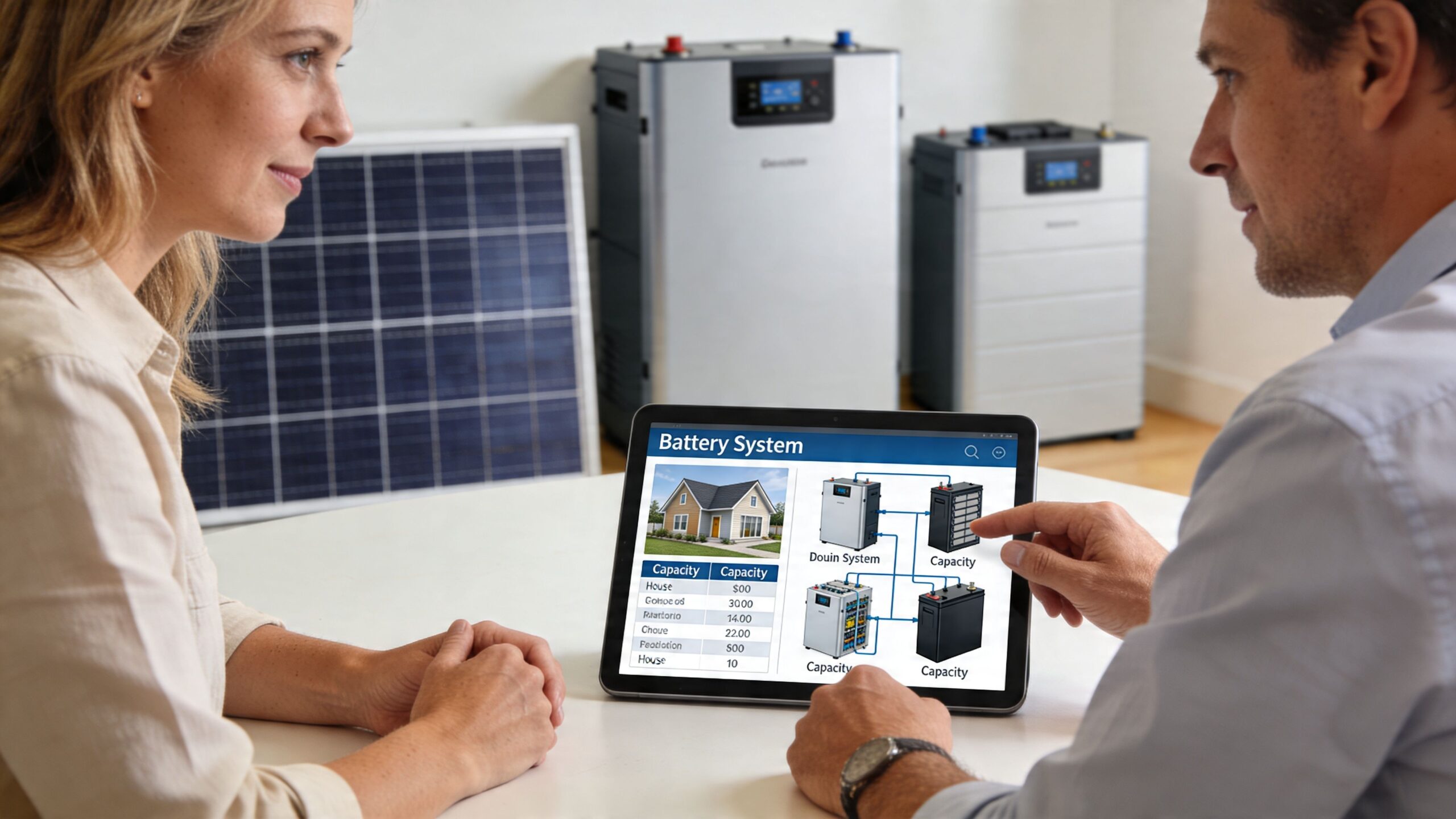 A professional discusses solar battery systems with a client while showing product details on a tablet screen.