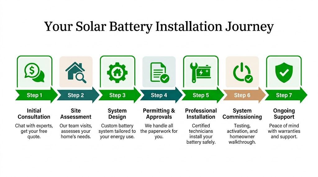 A diagram outlining the seven steps of a residential solar battery installation journey from consultation to support.