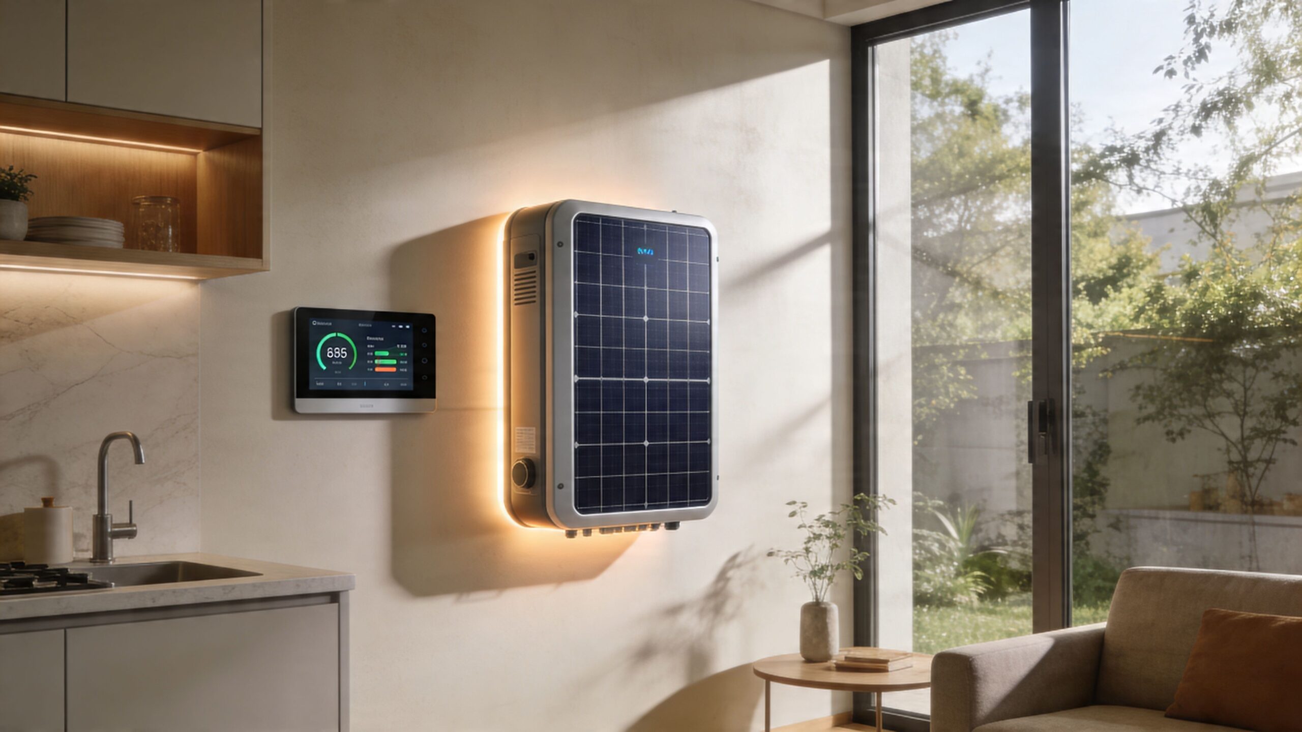 A modern solar energy battery unit mounted on a kitchen wall next to a digital monitoring system.