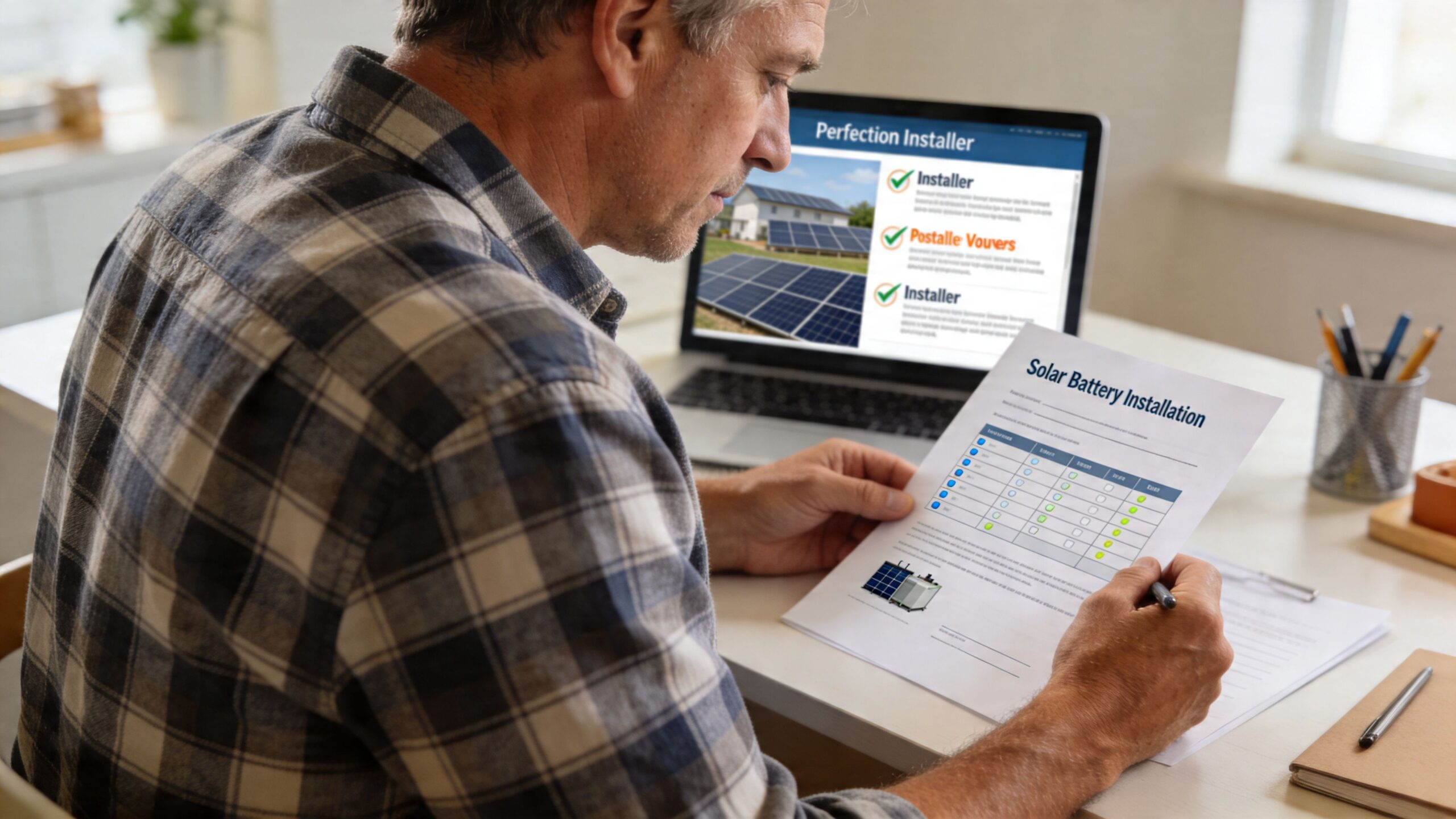A man reviewing a solar battery installation checklist while looking at solar energy information on his laptop screen.