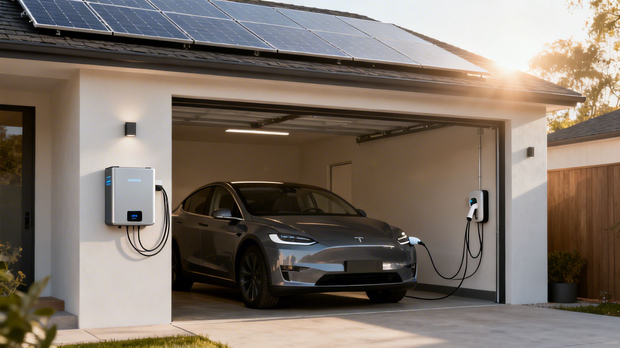 Modern home with solar panels, a Tesla EV charging in the garage, and a home battery system.