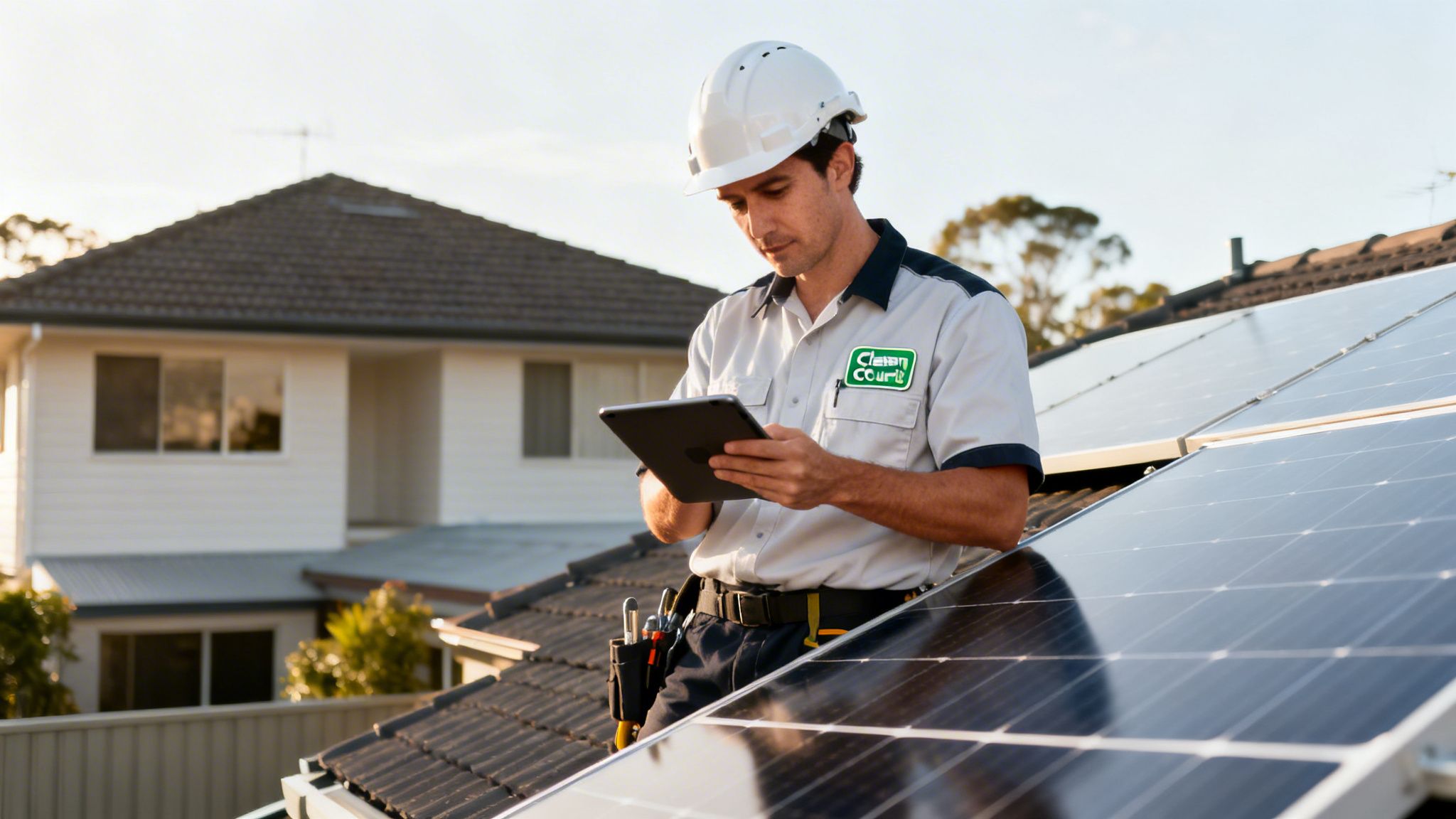 A male solar installer in a hard hat inspecting residential solar panels on a rooftop with a tablet.