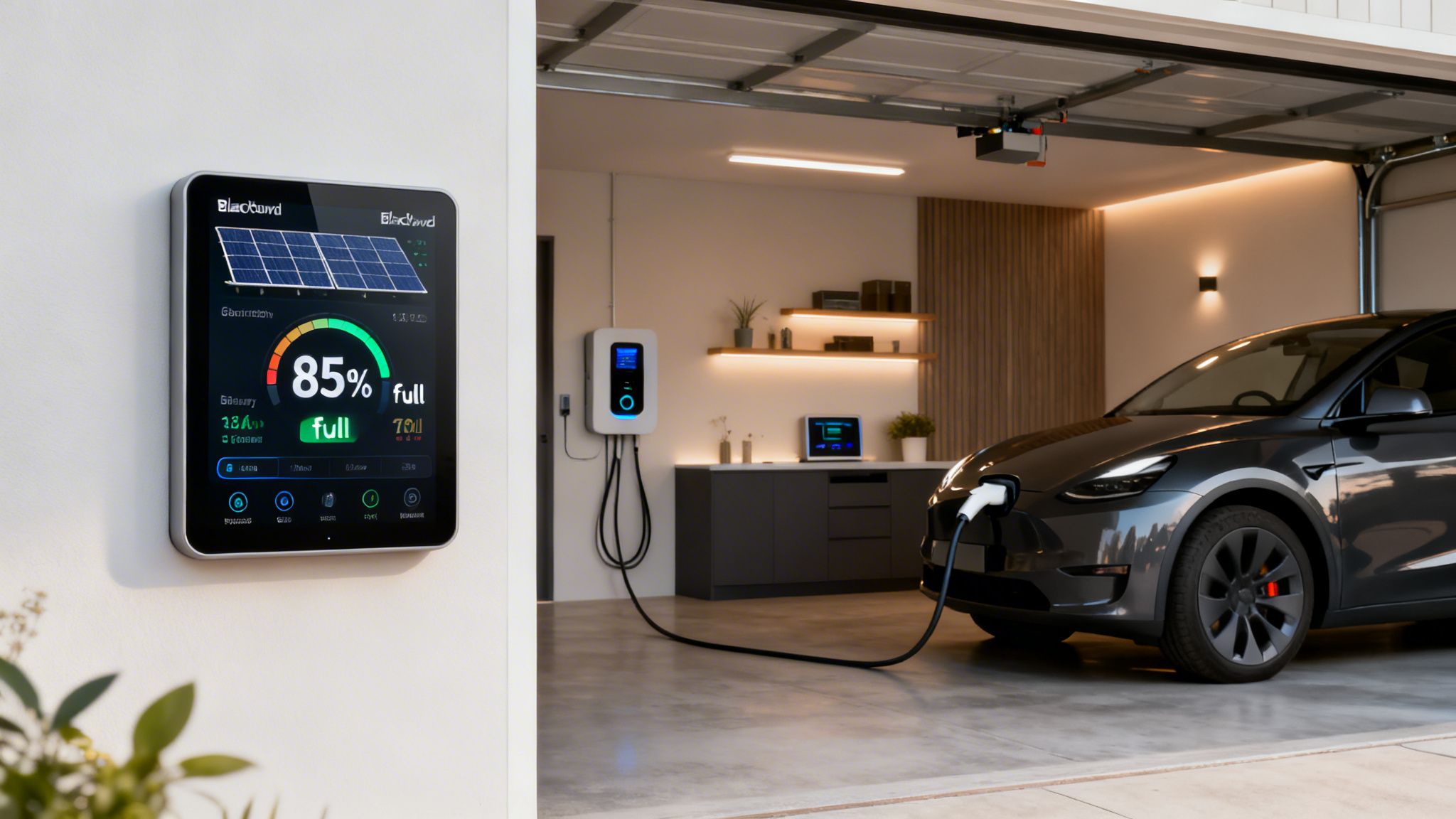 A modern garage setup with a solar power monitoring display and an electric car charging station.