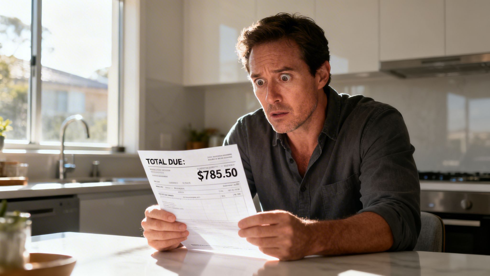 A man in a kitchen looking surprised and shocked while holding a bill showing seven hundred dollars.