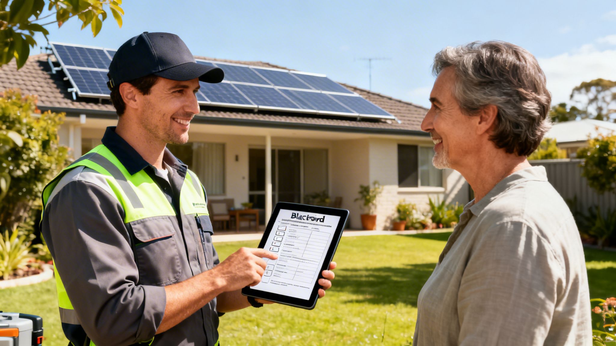 A professional technician with a tablet discusses solar panel installation with a homeowner in front of their house.