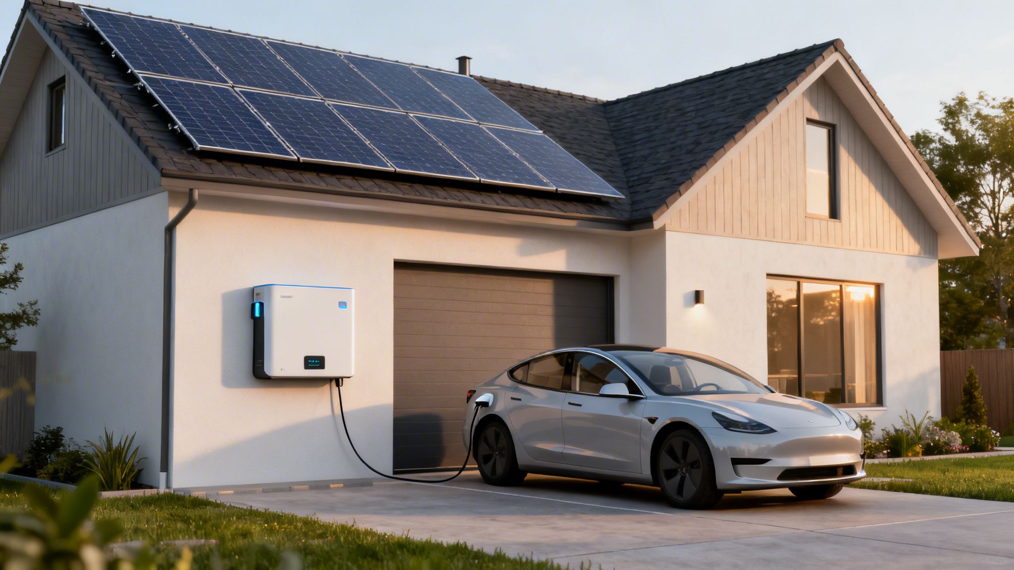 Modern house with solar panels, a Tesla EV charging from a wall-mounted battery system.
