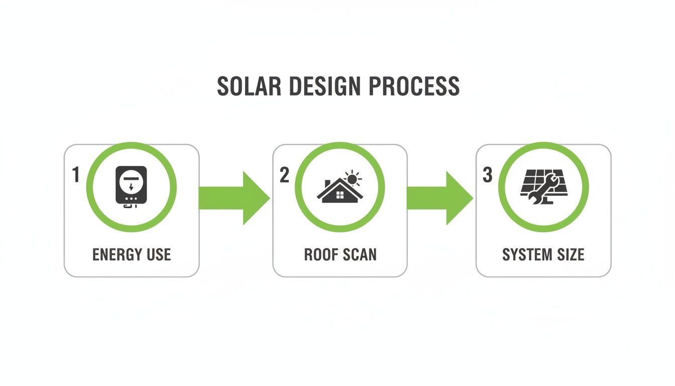 Infographic illustrating the solar design process: step 1 energy use, step 2 roof scan, step 3 system size.