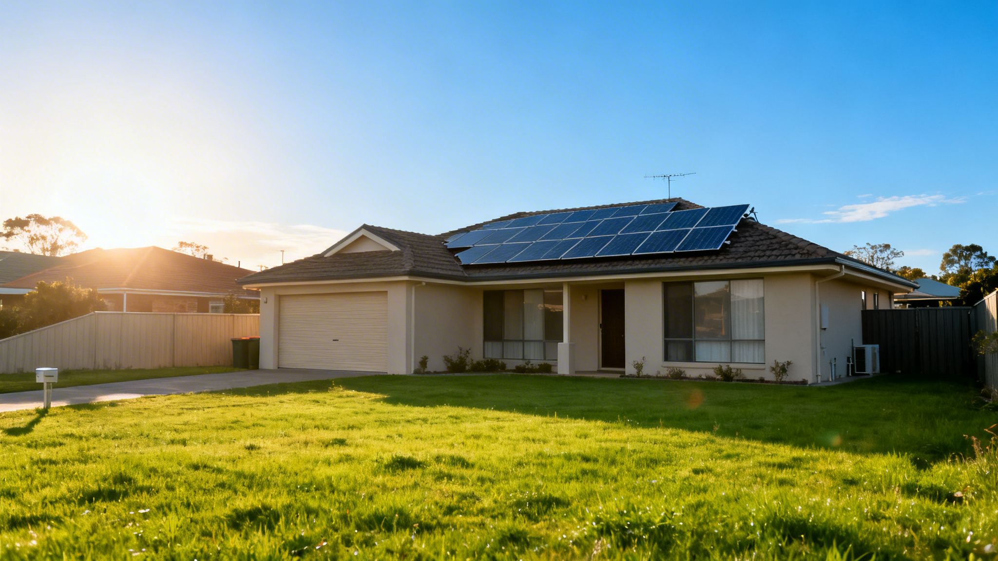 A modern single-story house with beige walls, a green lawn, and solar panels on the roof.