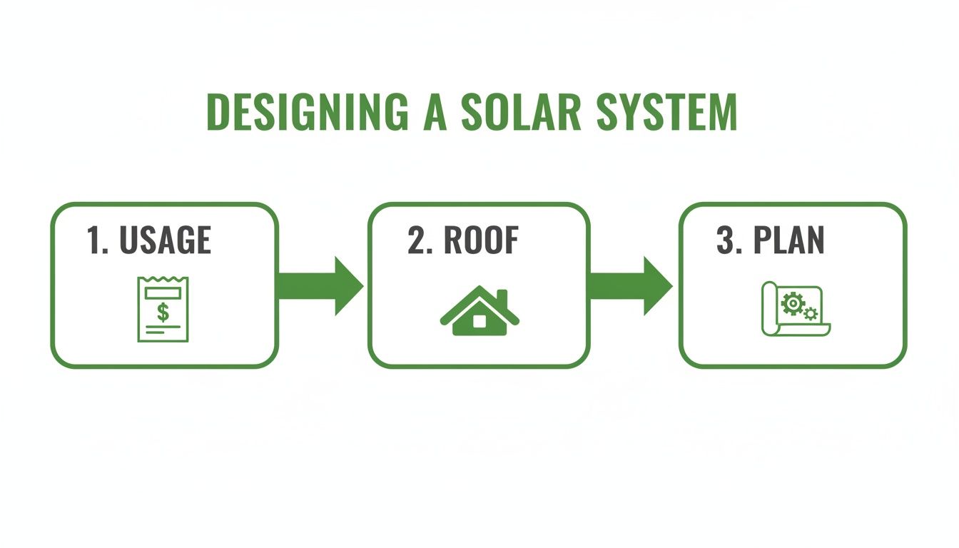 A three-step flowchart showing how to design a solar system: usage, roof assessment, and plan.