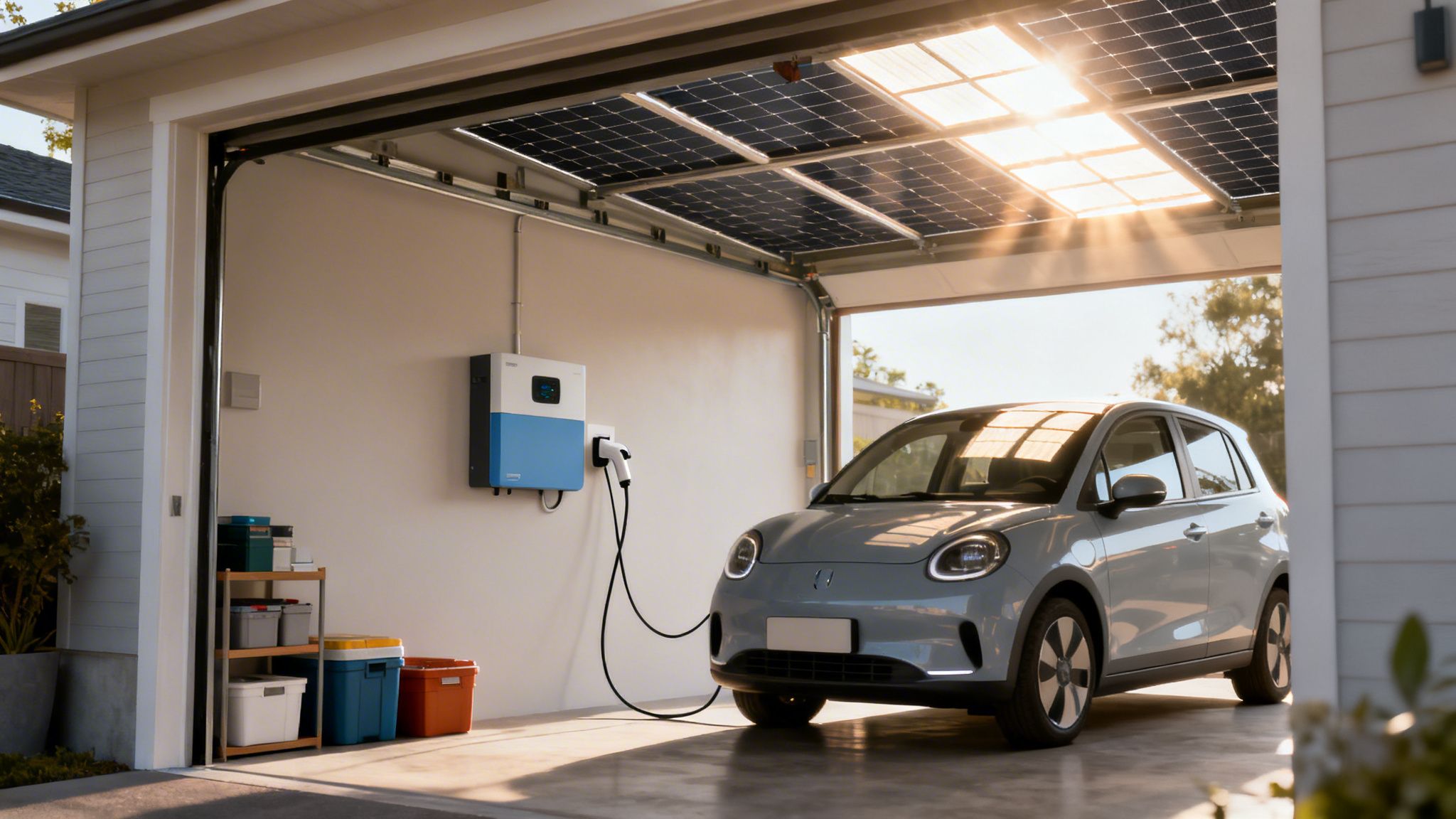 An electric car charging in a garage powered by a roof-mounted solar panels and an inverter.