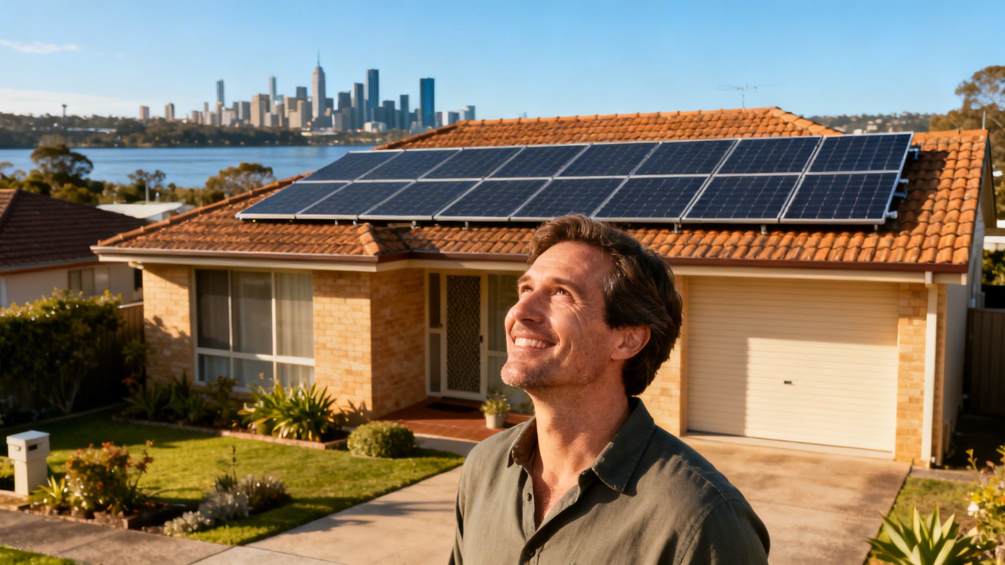 A smiling man stands in front of a house with solar panels, a city skyline in the background.