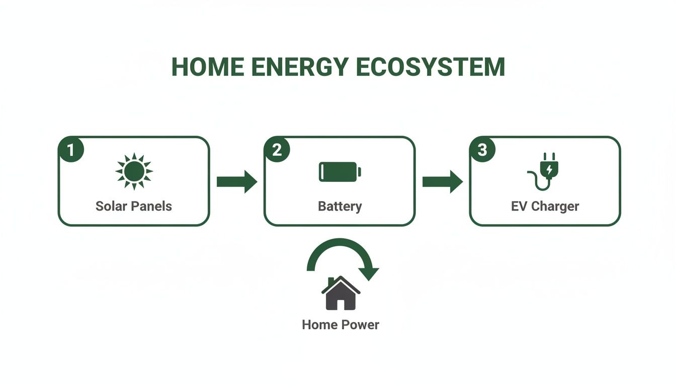 Diagram illustrating a home energy ecosystem: Solar Panels power a Battery, which then supplies Home Power and an EV Charger.