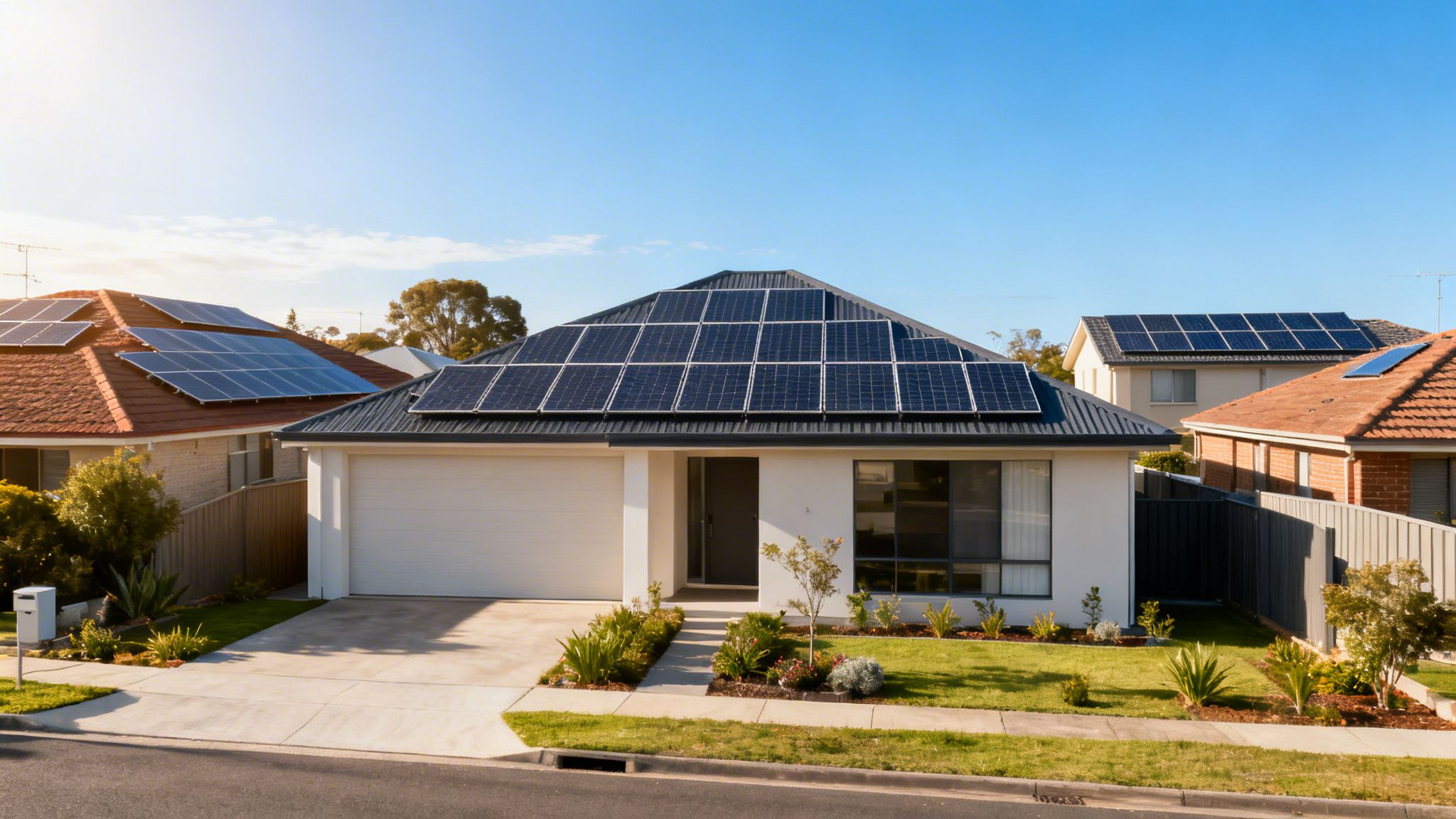 A modern suburban house with numerous solar panels on its dark roof under a clear blue sky.