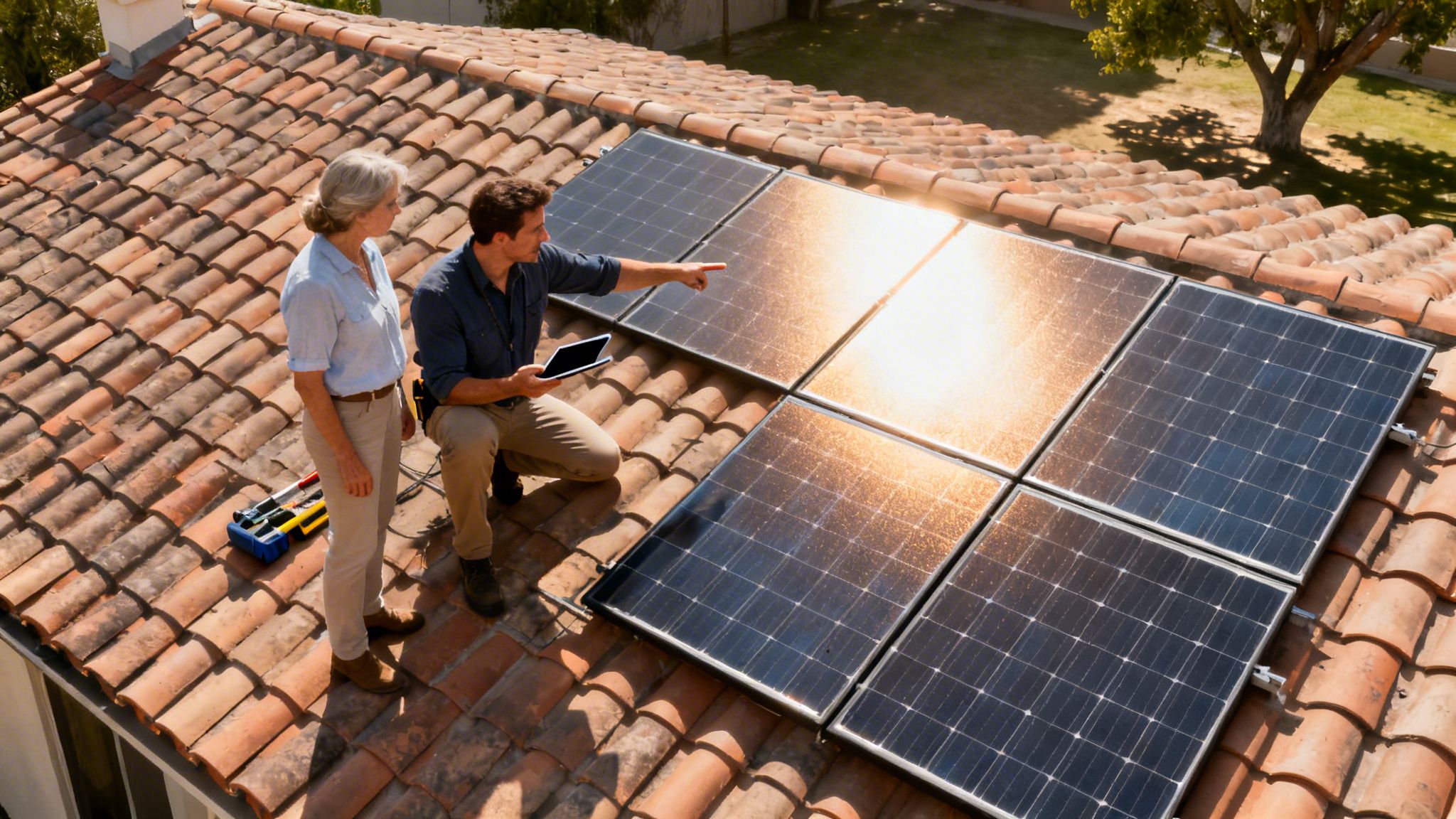 A man and a woman on a red tile roof inspecting newly installed solar panels.