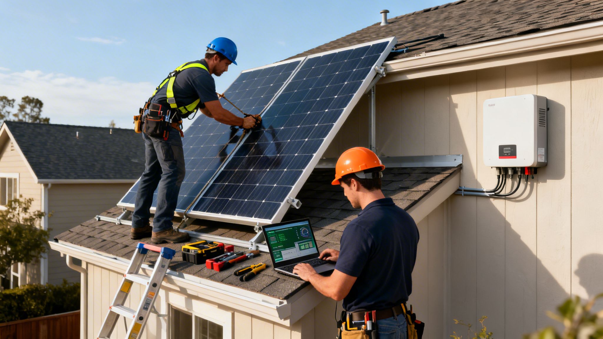 Professional solar panel installers connect panels and monitor the system on a house roof.