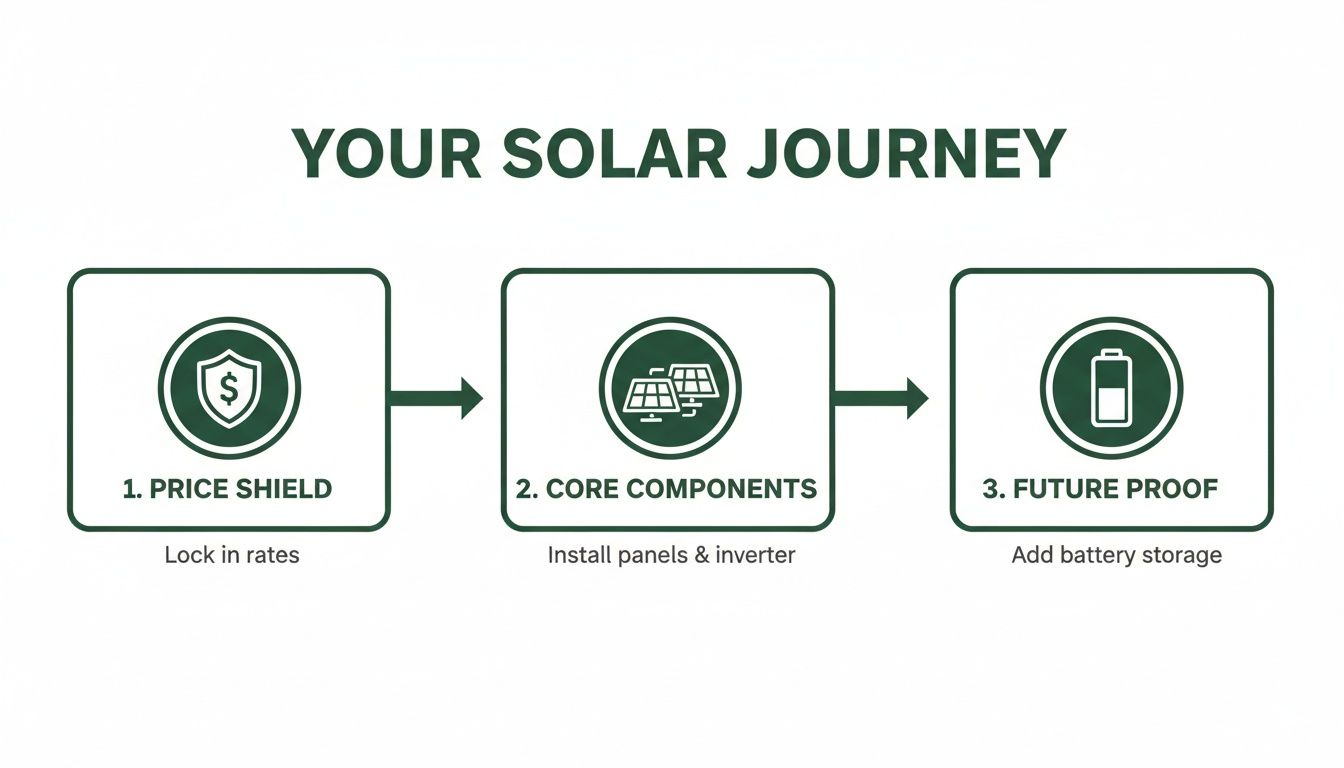 A three-step solar journey flowchart showing Price Shield, Core Components, and Future Proof stages.