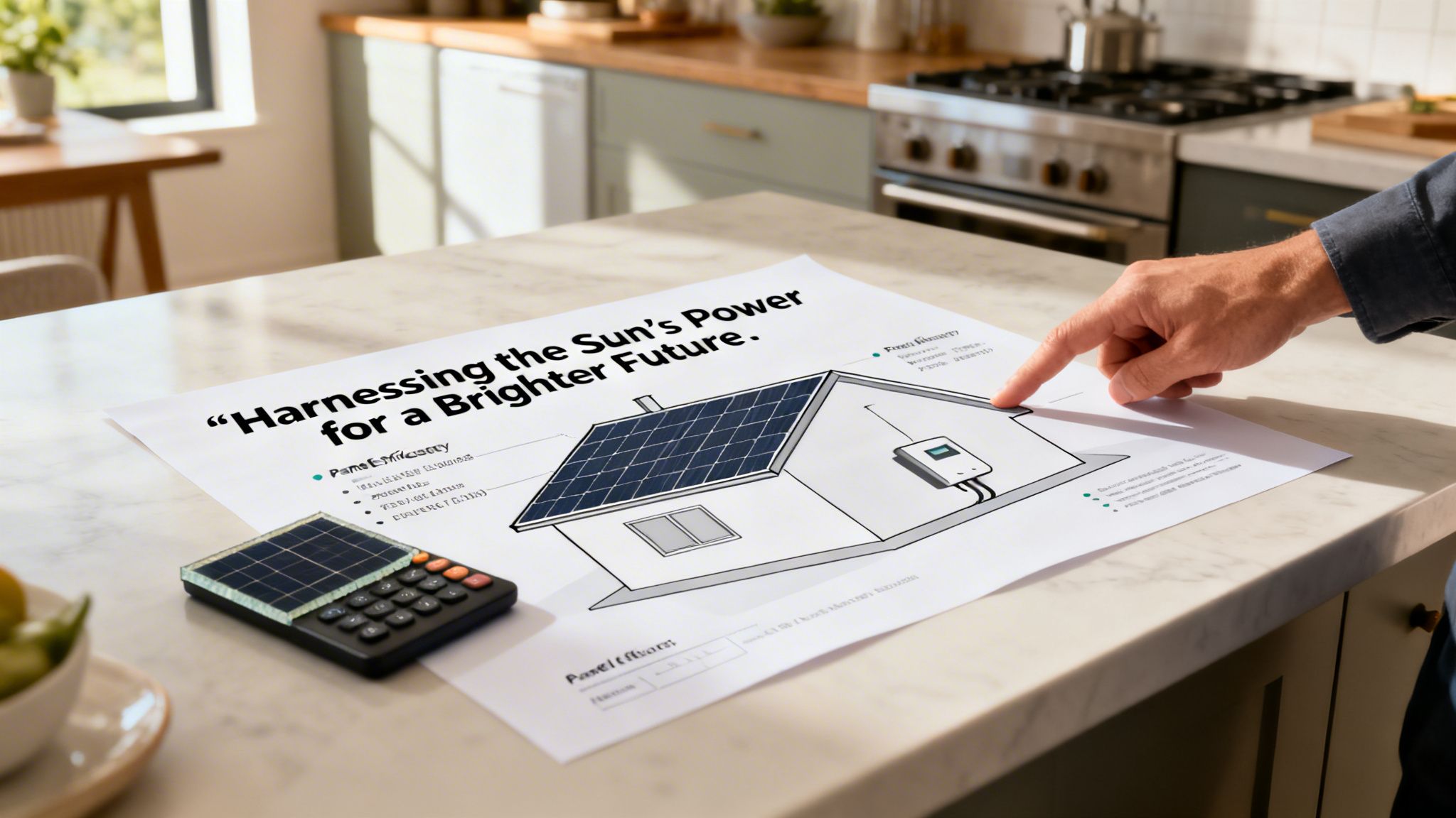 A hand points at a solar panel diagram on paper, with a solar calculator nearby.