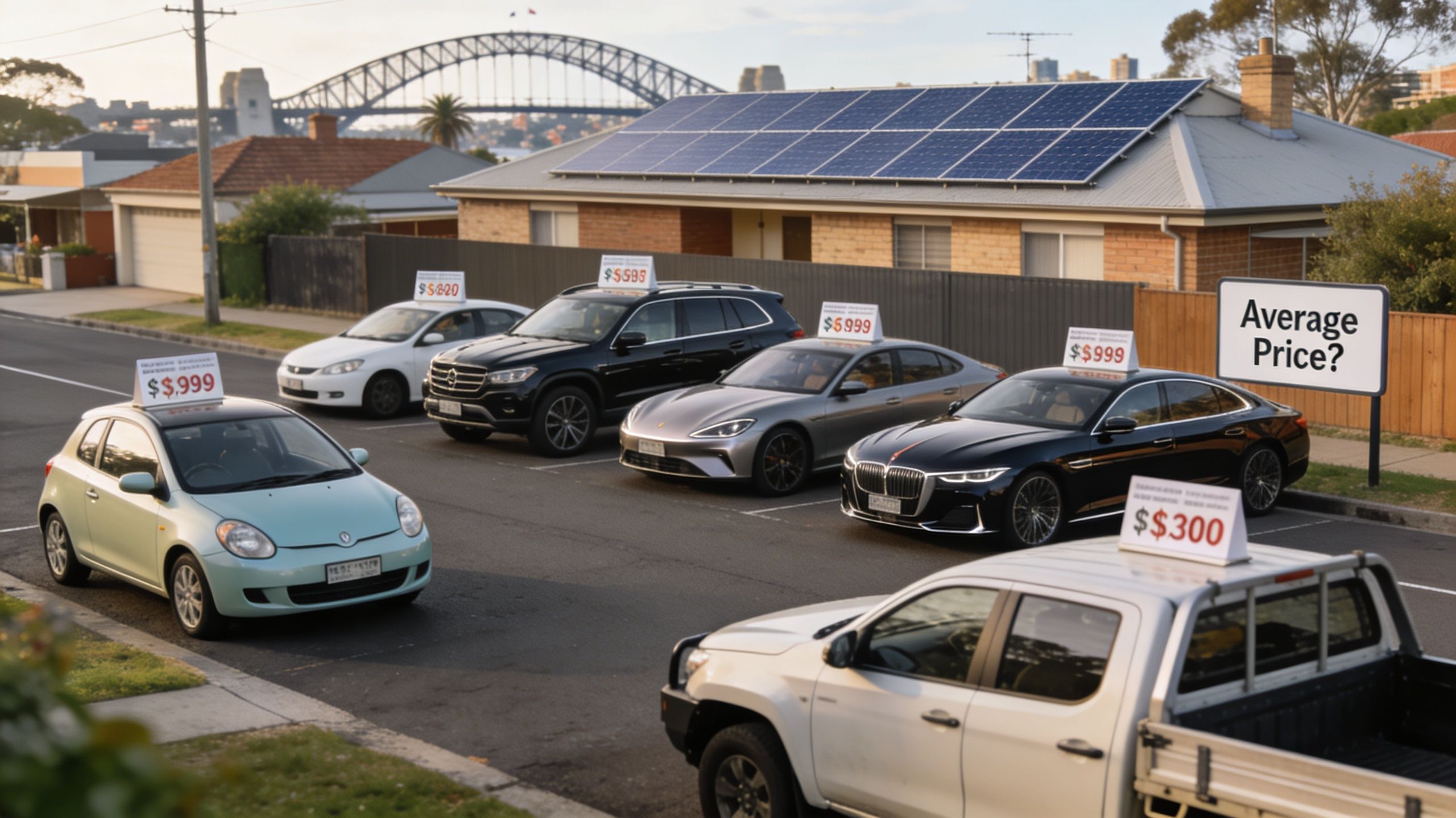 A row of cars with price tags parked in front of a house with solar panels in Sydney.