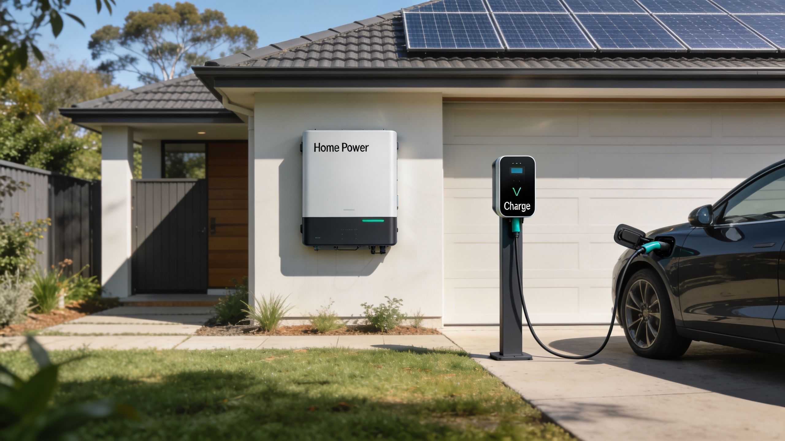 A modern suburban home equipped with rooftop solar panels, a home battery, and an electric vehicle charger.