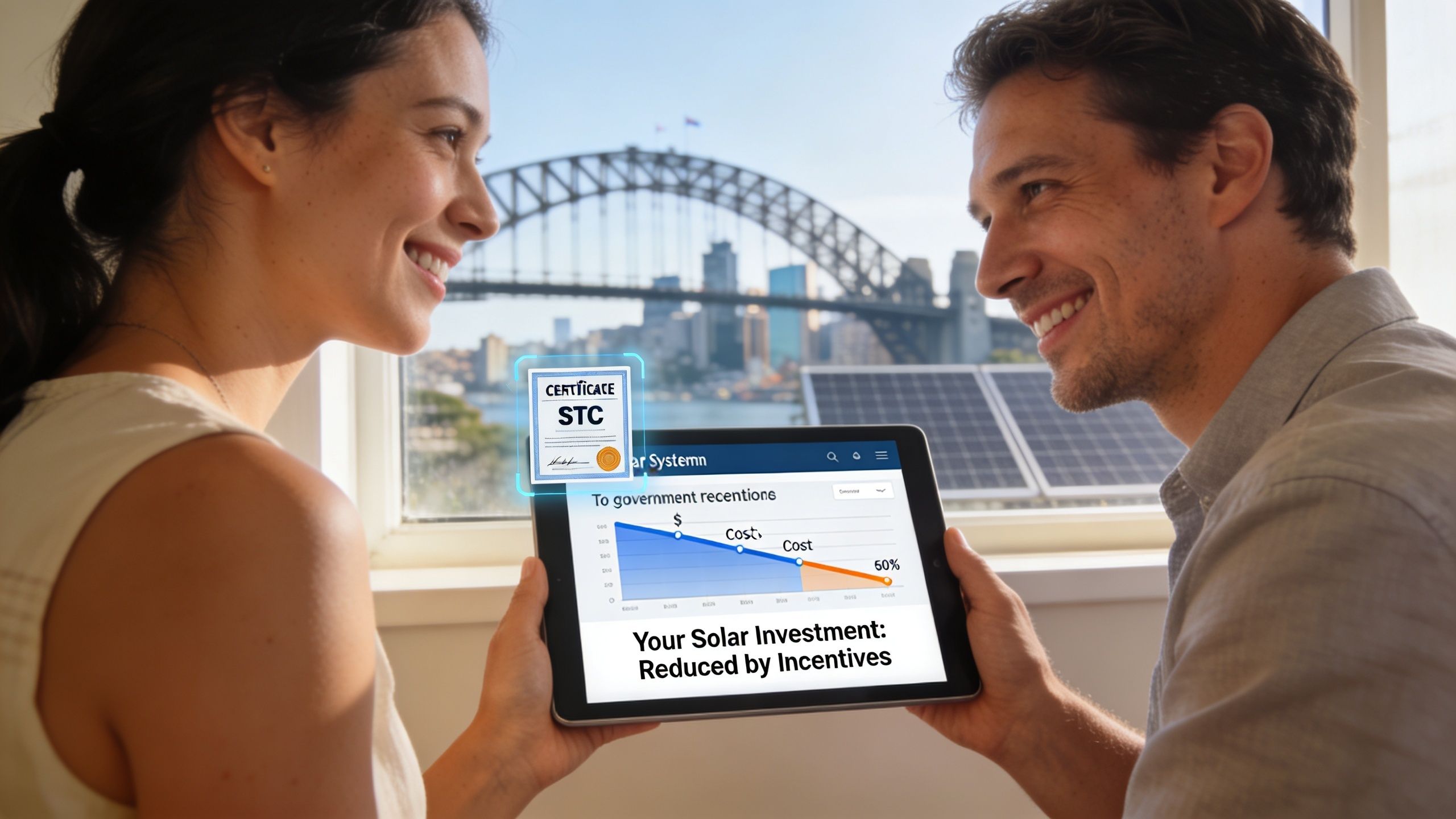 A happy couple looks at a tablet displaying solar investment costs reduced by government incentives in Sydney.