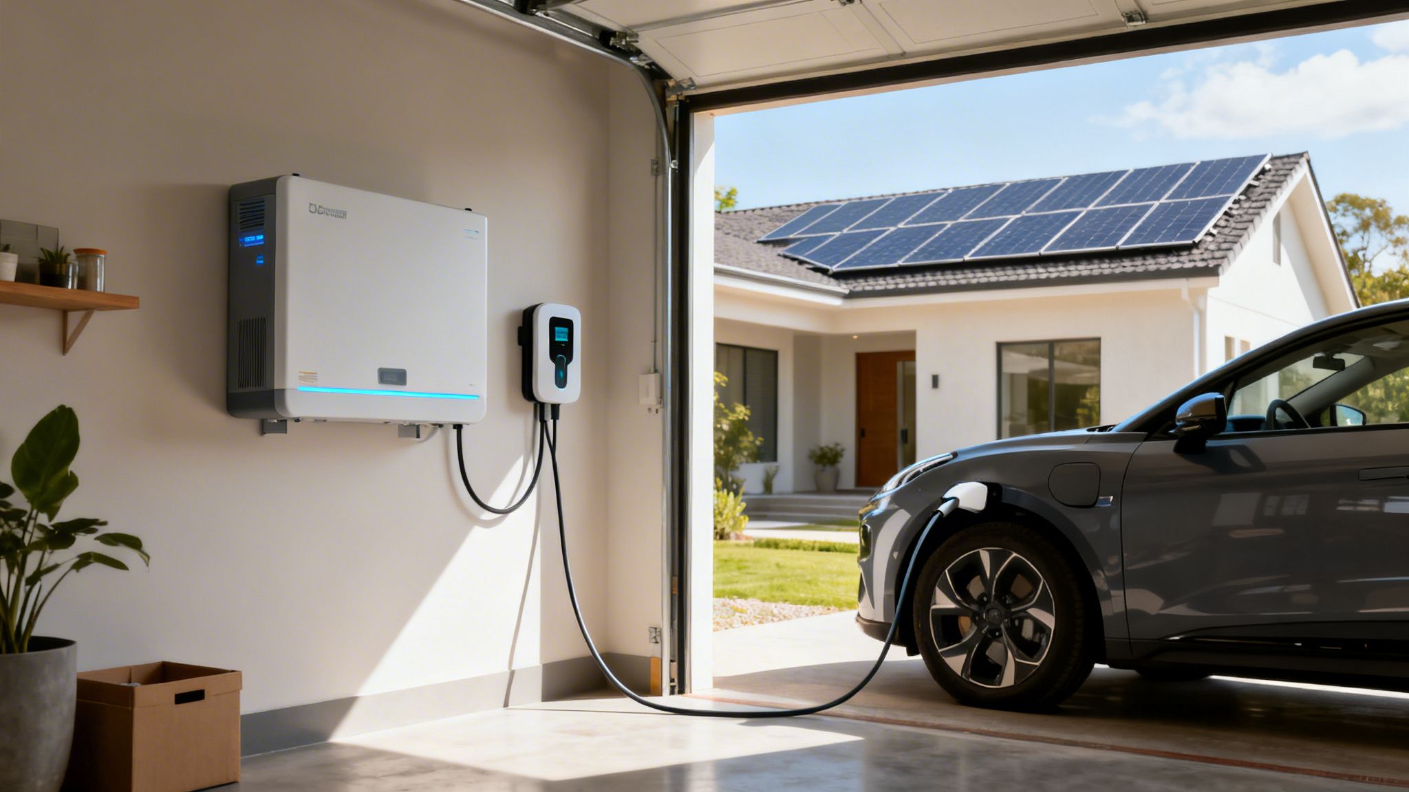 A modern garage with a home battery, EV charger, and electric car, showing a house with solar panels.