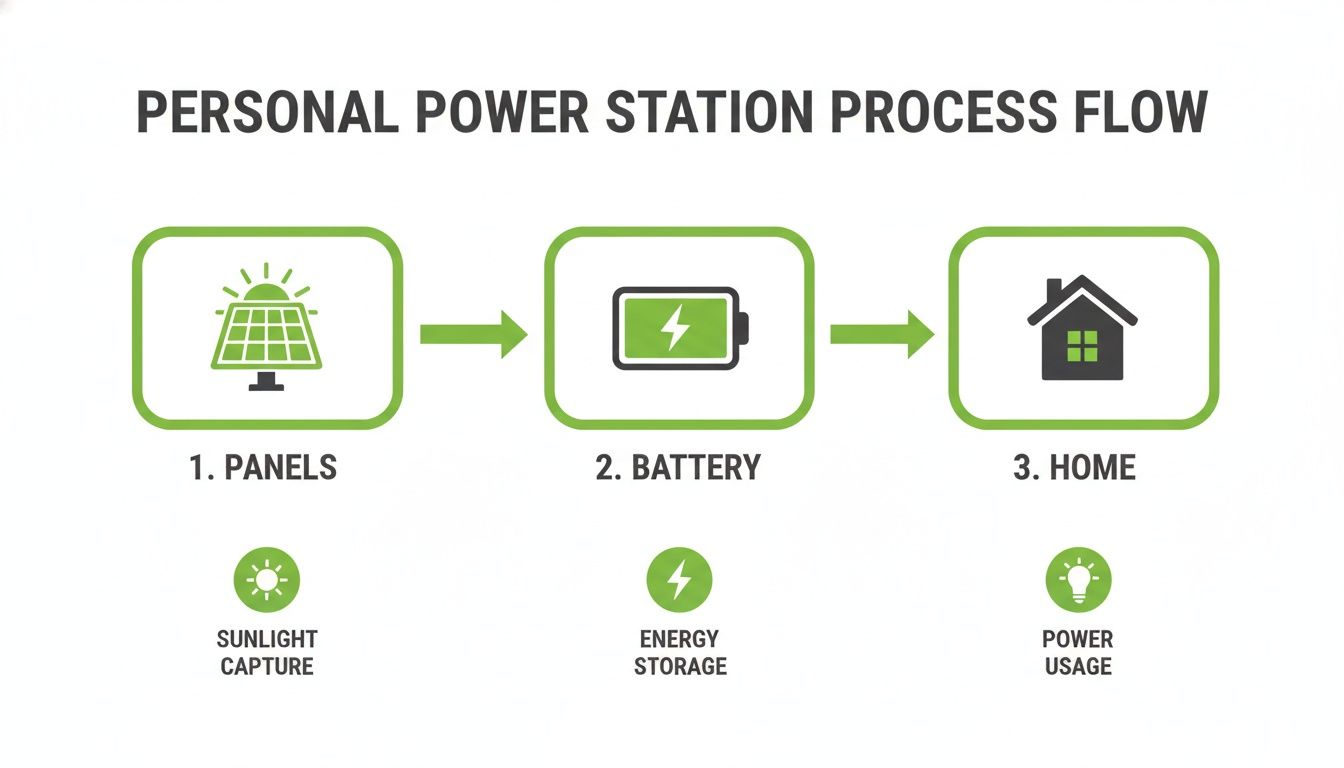 Diagram illustrating a personal solar power station process: panels capture sunlight, battery stores energy, home uses power.