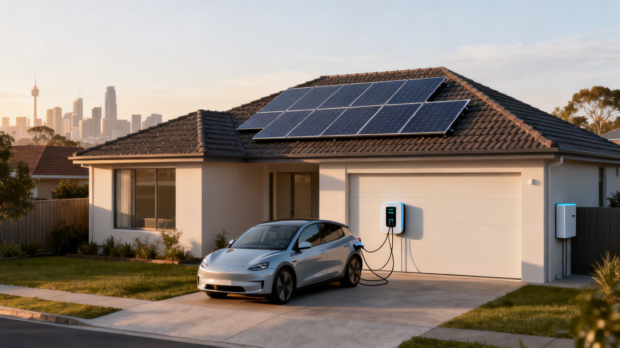 A modern house with solar panels, an electric car charging in the driveway, and a city skyline.