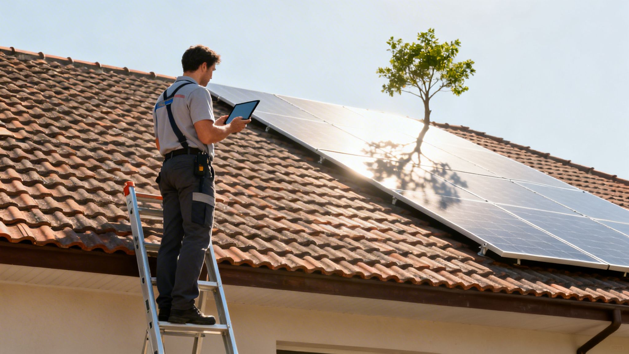 Technician on a ladder inspecting rooftop solar panels with a tablet, sunny day.