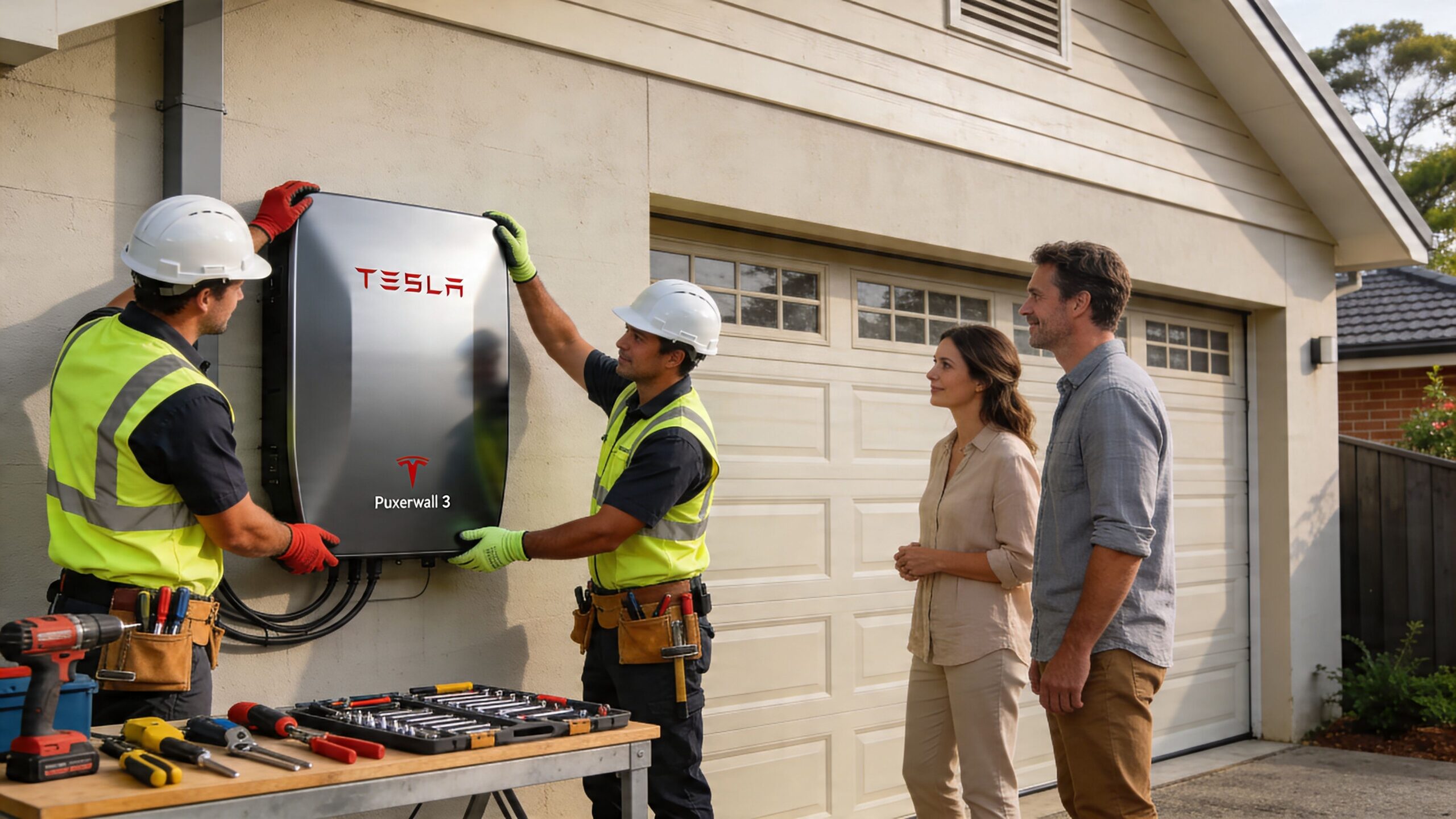 Two professional technicians installing a Tesla Powerwall 3 home battery unit while homeowners watch in Sydney.