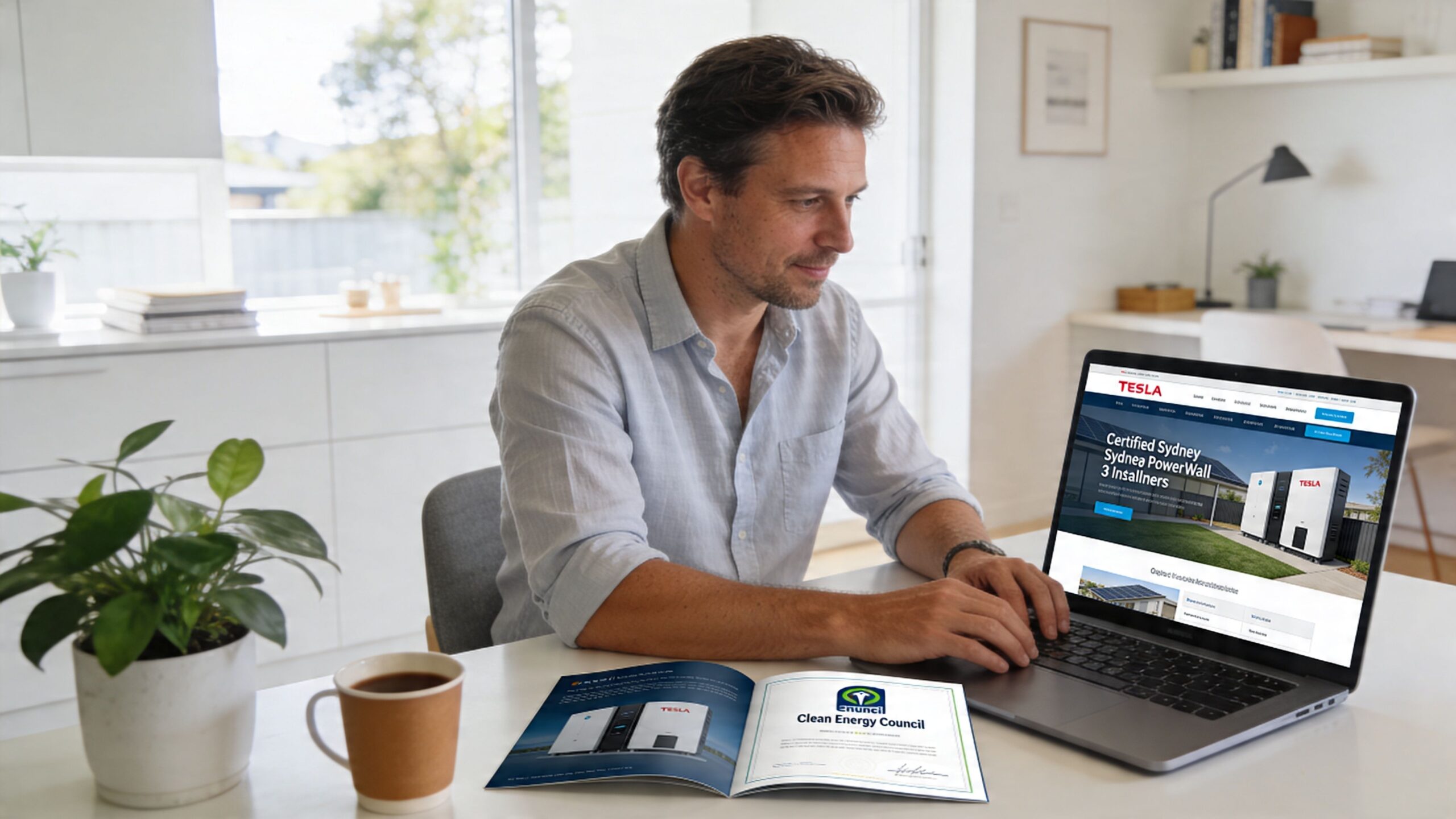 A man working on his laptop researching Tesla Powerwall 3 installation options for his Sydney home.