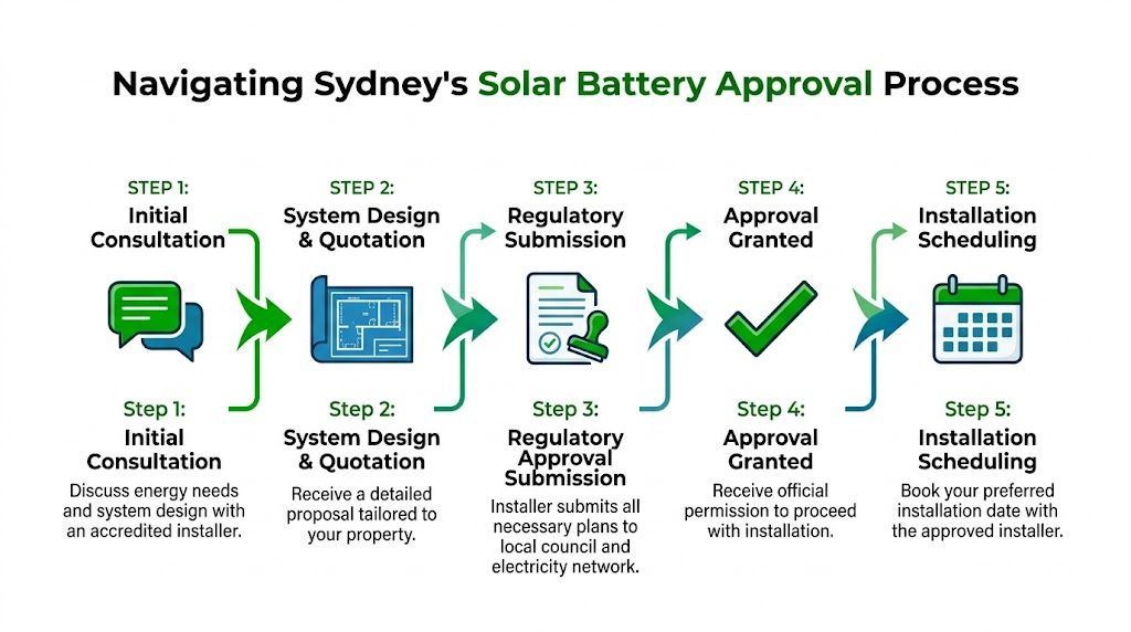 A five-step flowchart illustrating the approval process for installing solar batteries in Sydney homes and businesses.