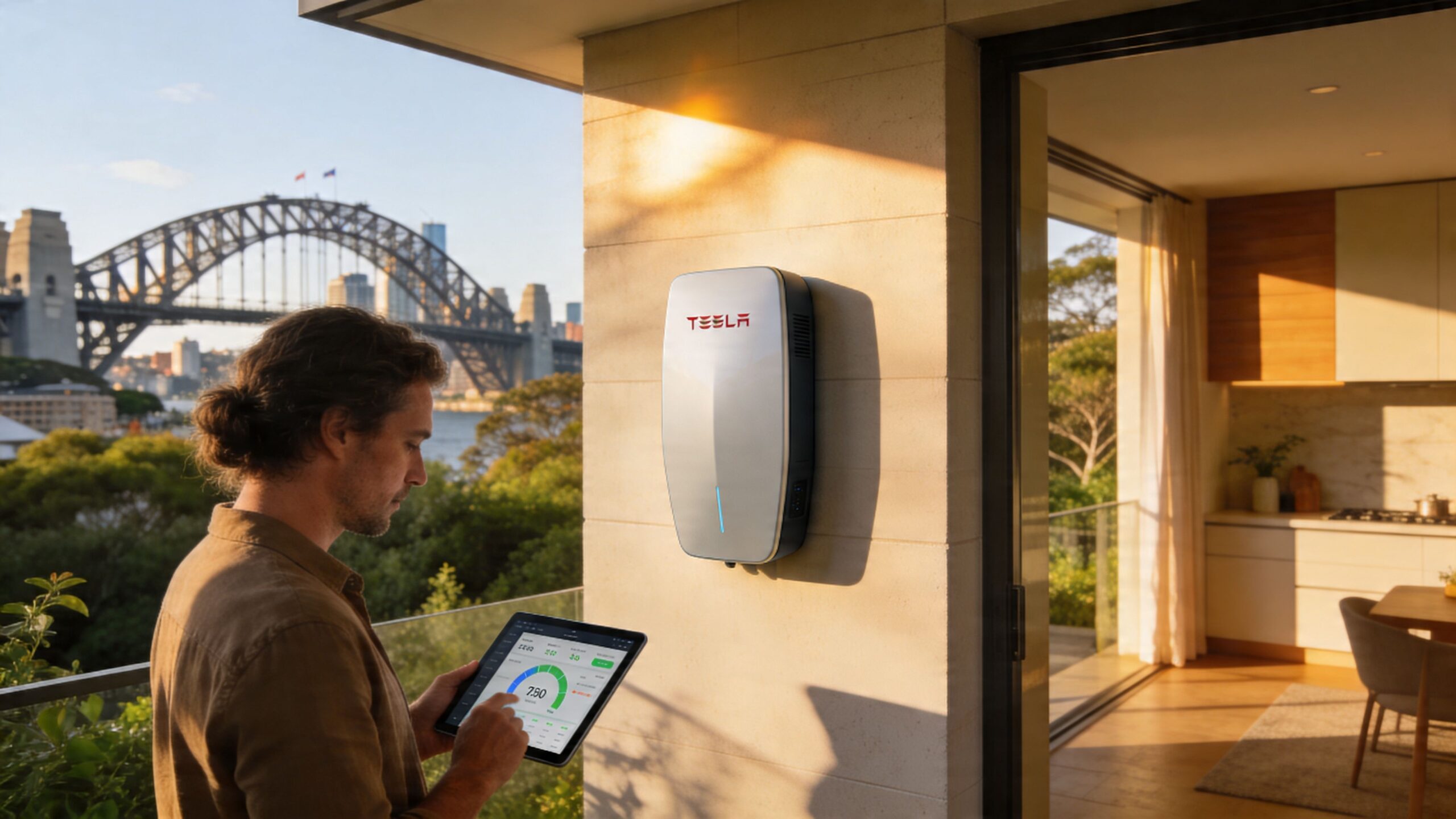 A man monitors his Tesla Powerwall energy storage system using a tablet overlooking the Sydney Harbour Bridge.