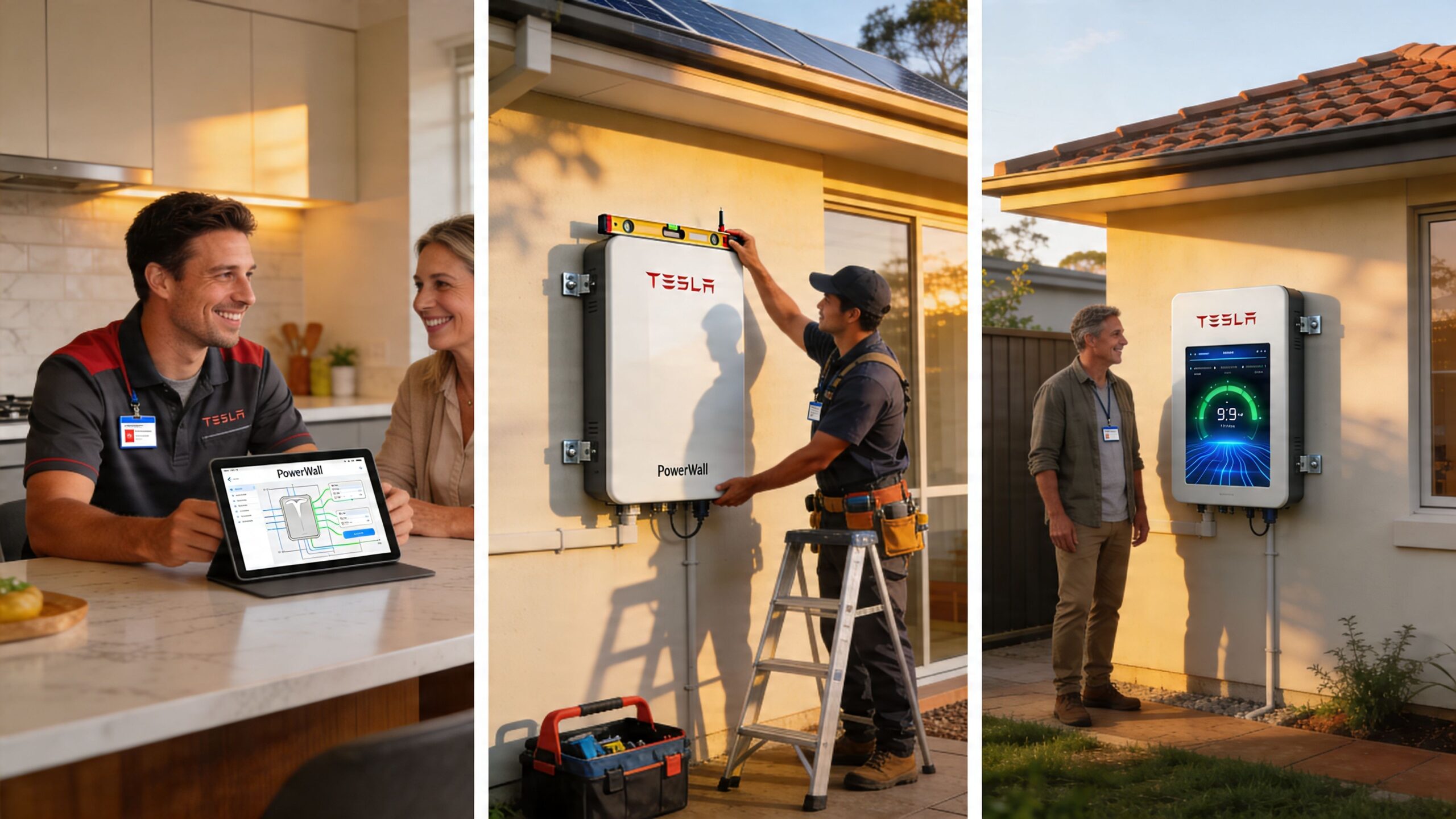 A professional Tesla installer shows a family the Powerwall home battery system features and installation process.