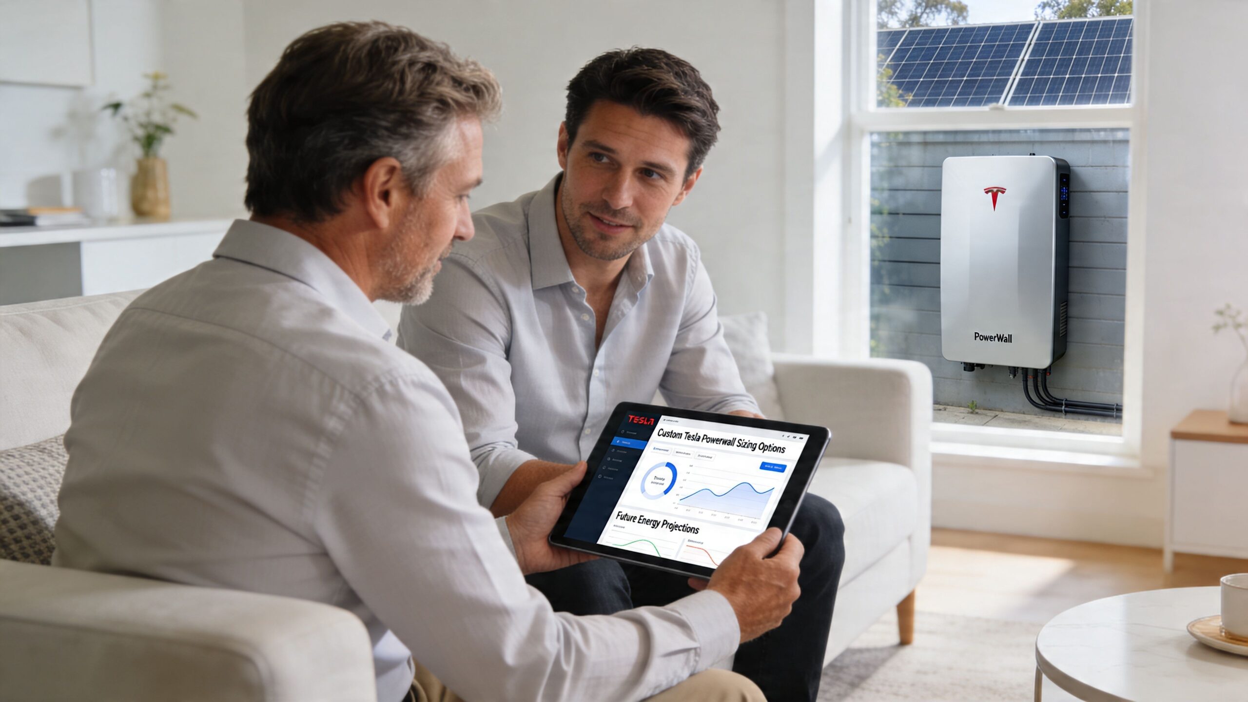 A professional consultant discussing Tesla Powerwall energy storage and solar system installation with a homeowner using a tablet.