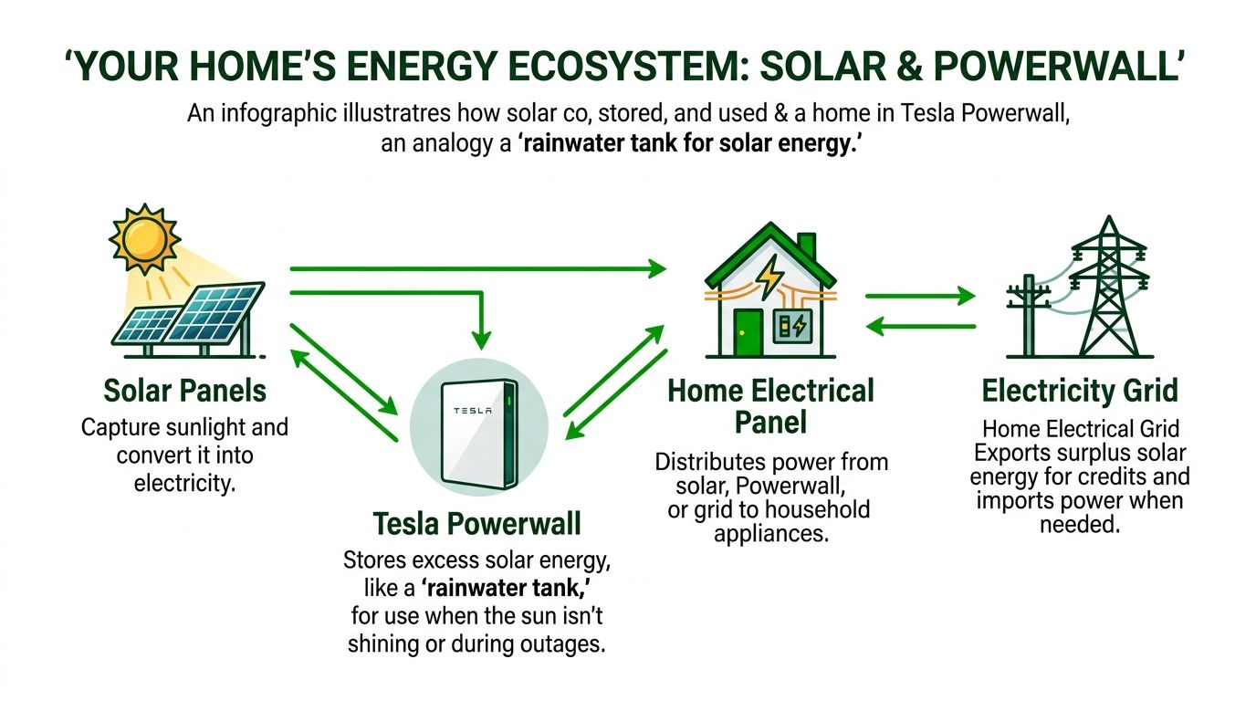 An infographic illustrating how a home energy ecosystem works with solar panels, Tesla Powerwall, and grid connectivity.