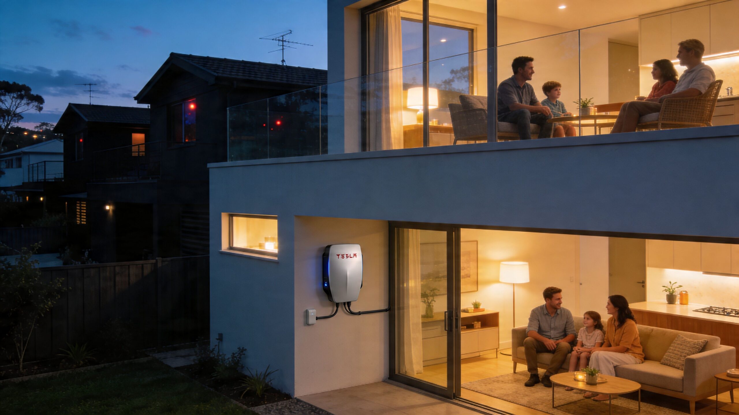 A modern home at dusk featuring a Tesla Powerwall installed on the exterior wall near a living space.
