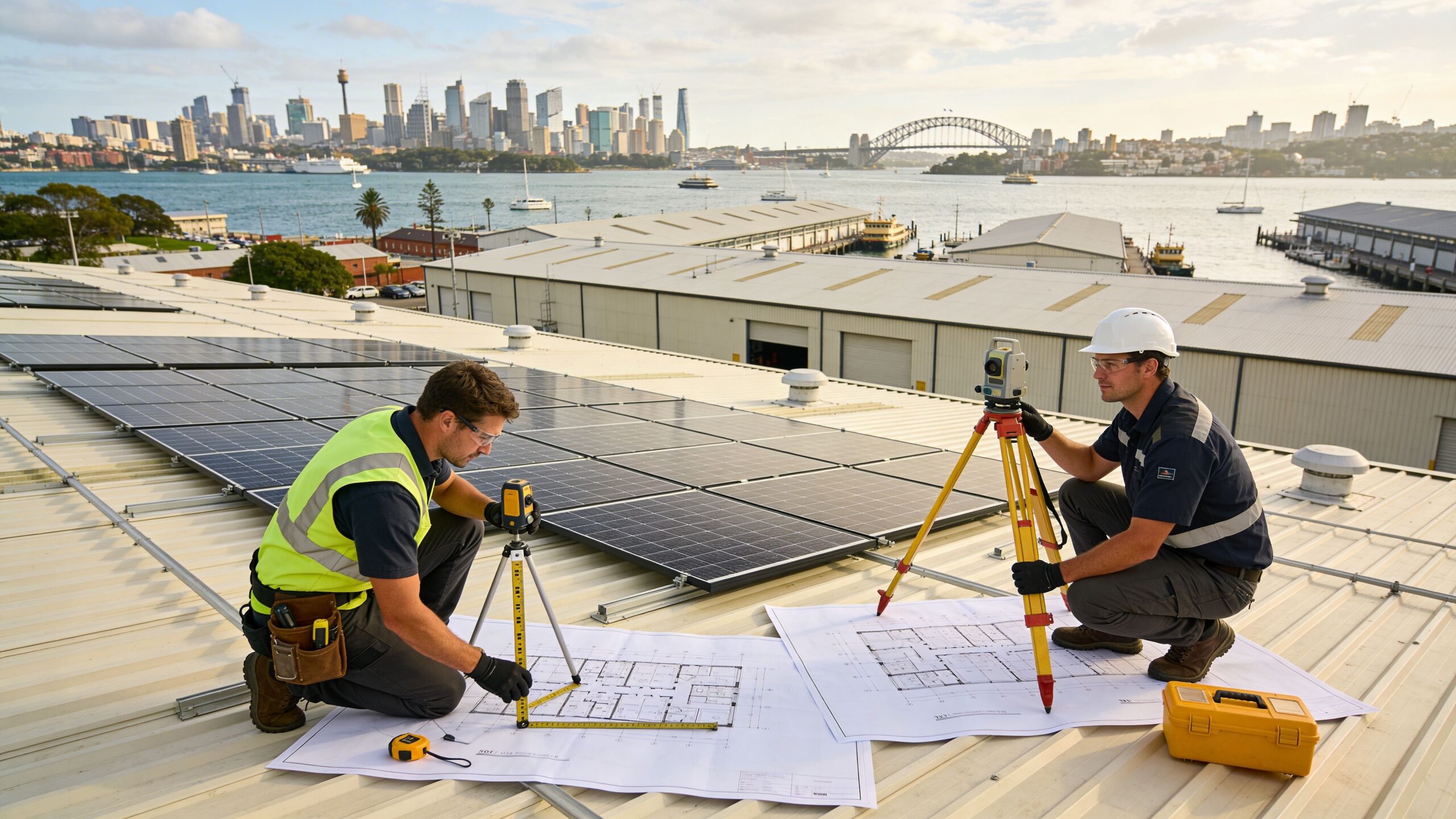 Two professional engineers conducting measurements on a warehouse roof with solar panels overlooking the Sydney skyline.