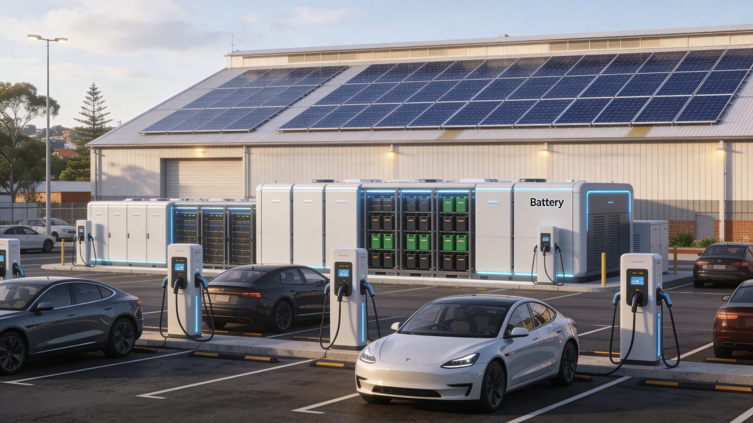 A modern warehouse in Sydney with a large solar panel roof installation and EV charging stations.