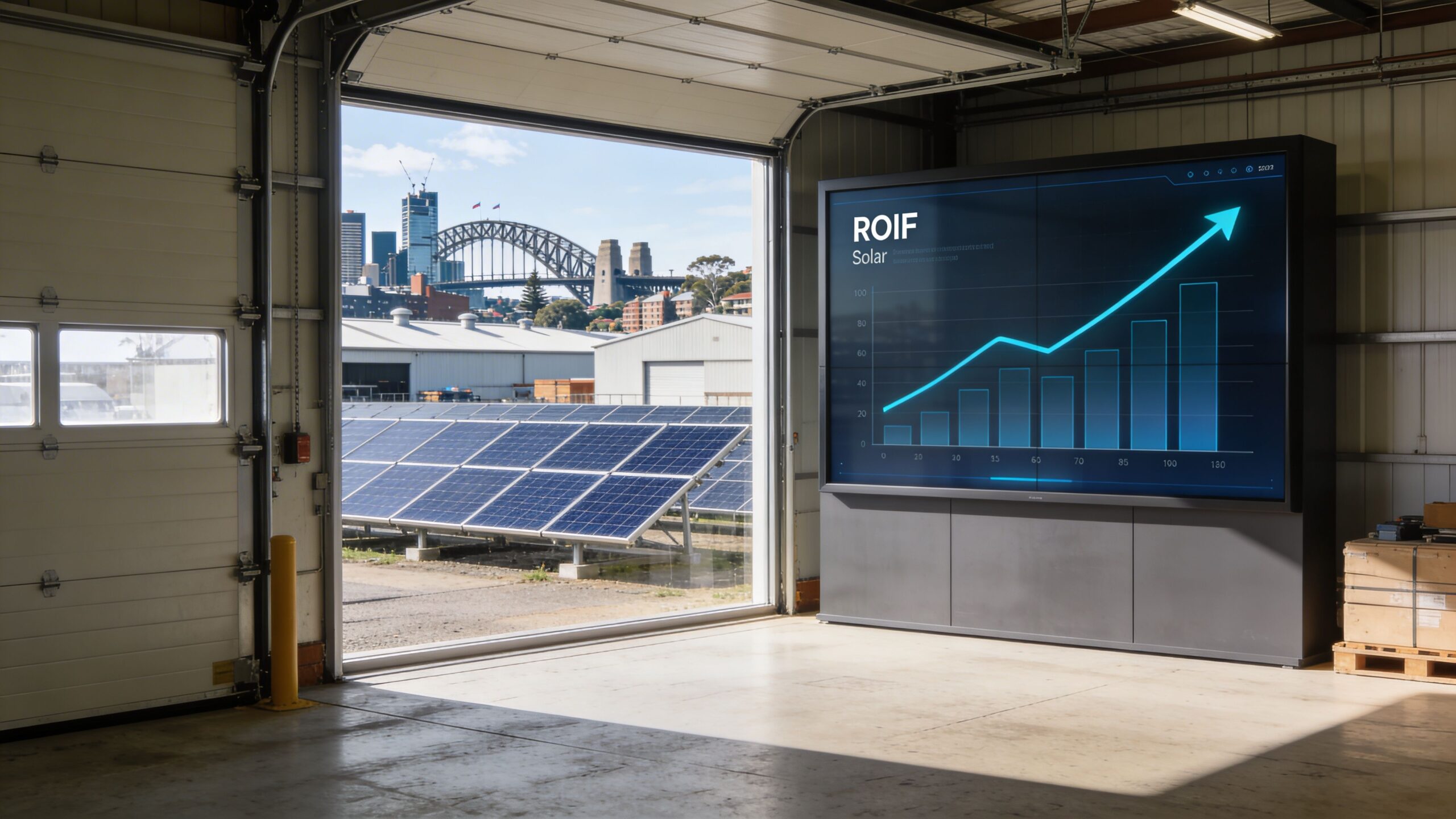 Solar panels outside a warehouse with a digital screen displaying a solar return on investment graph.