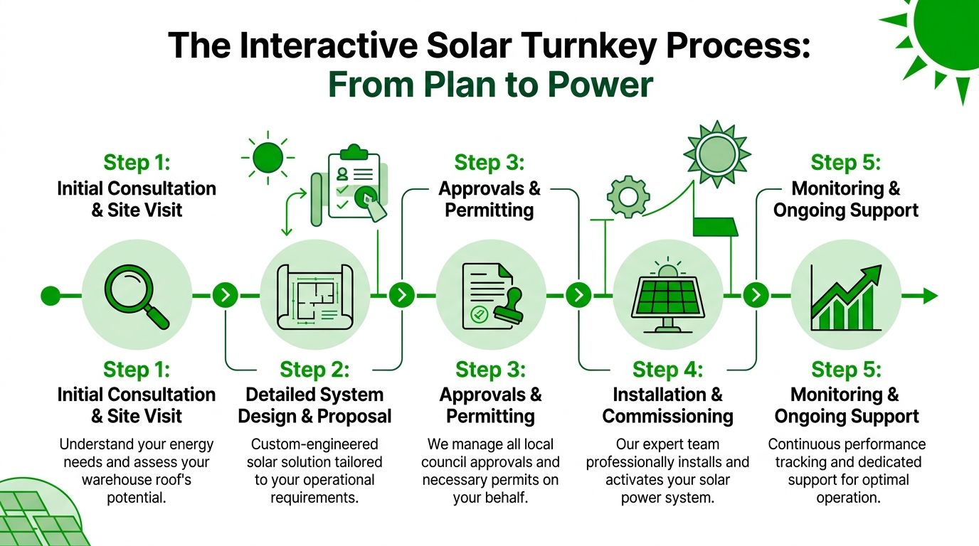 A diagram outlining a five-step interactive turnkey process for commercial solar installation on warehouse roofs.