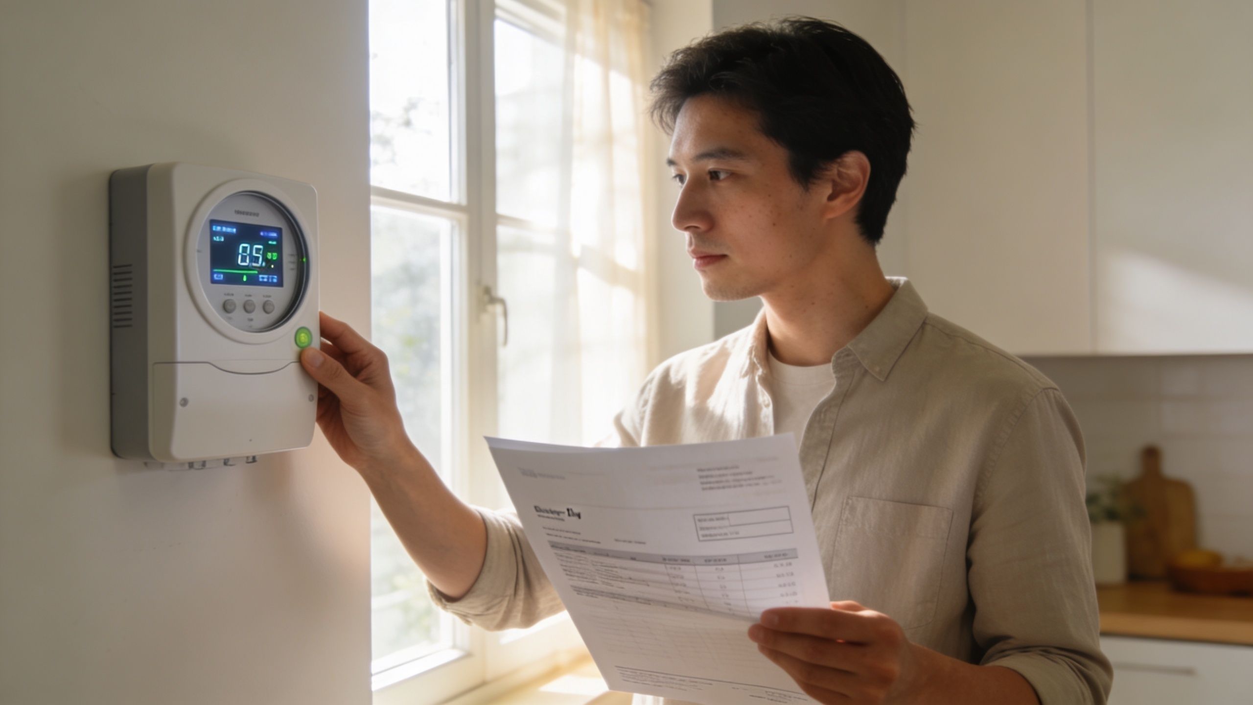A man looks at his energy bill while adjusting the settings on a home energy monitor.
