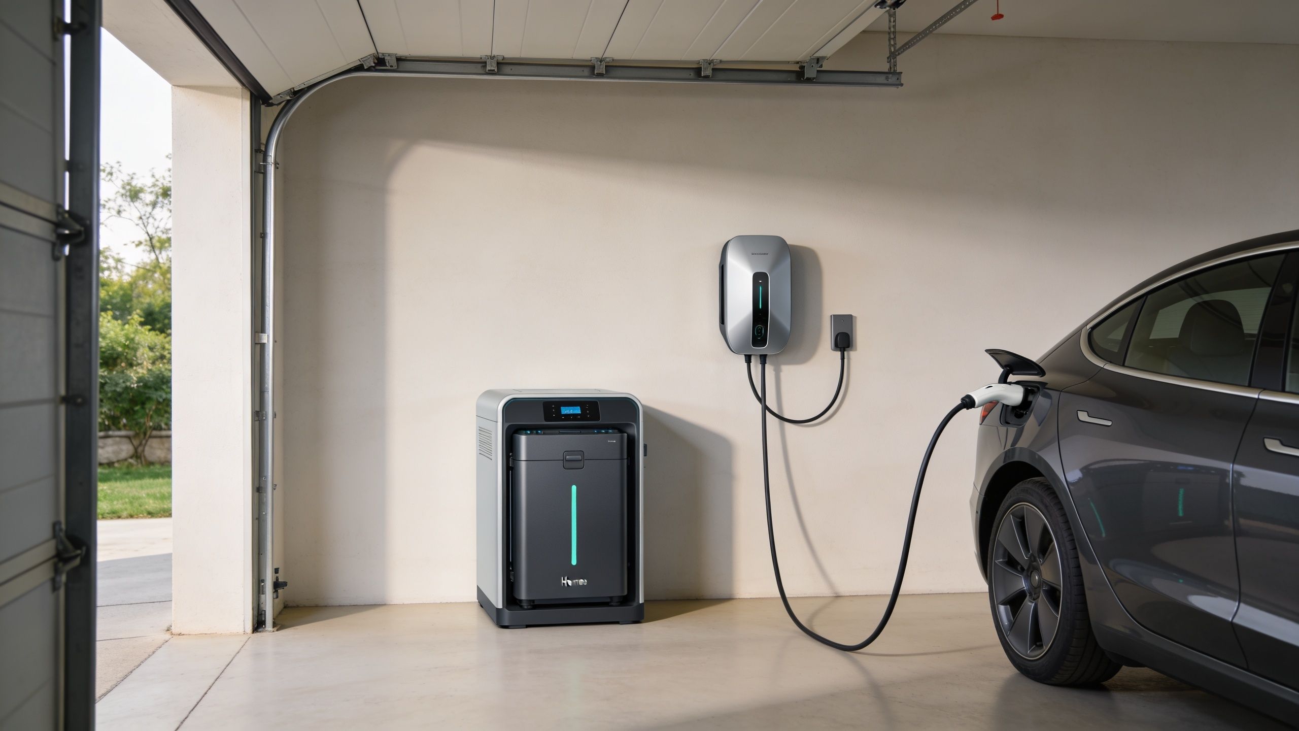 A modern electric vehicle charging at home using a wall-mounted charger and a portable energy storage battery system.