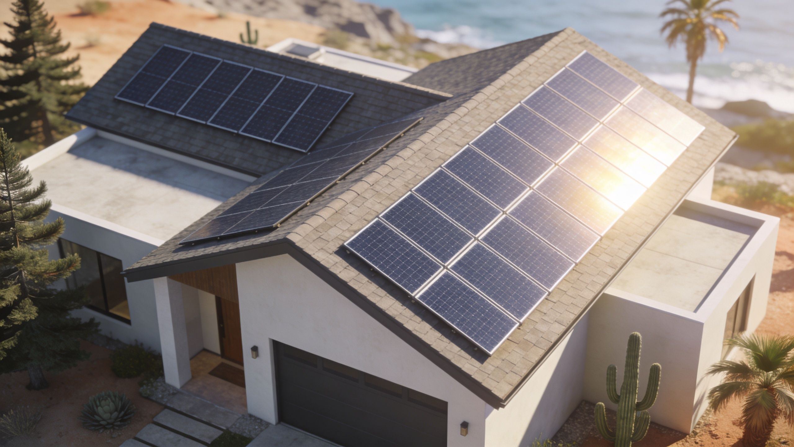 A modern coastal home featuring multiple rooftop solar panels on its tiled roof in a desert landscape.
