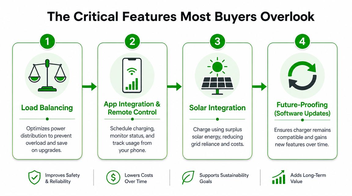 An infographic outlining four critical features to consider when buying an electric vehicle home charging station.