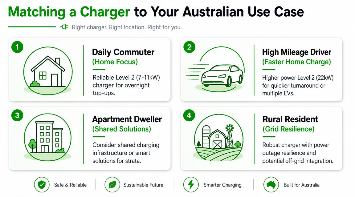 A guide matching different Australian lifestyles to the appropriate electric vehicle charging solutions for their homes.