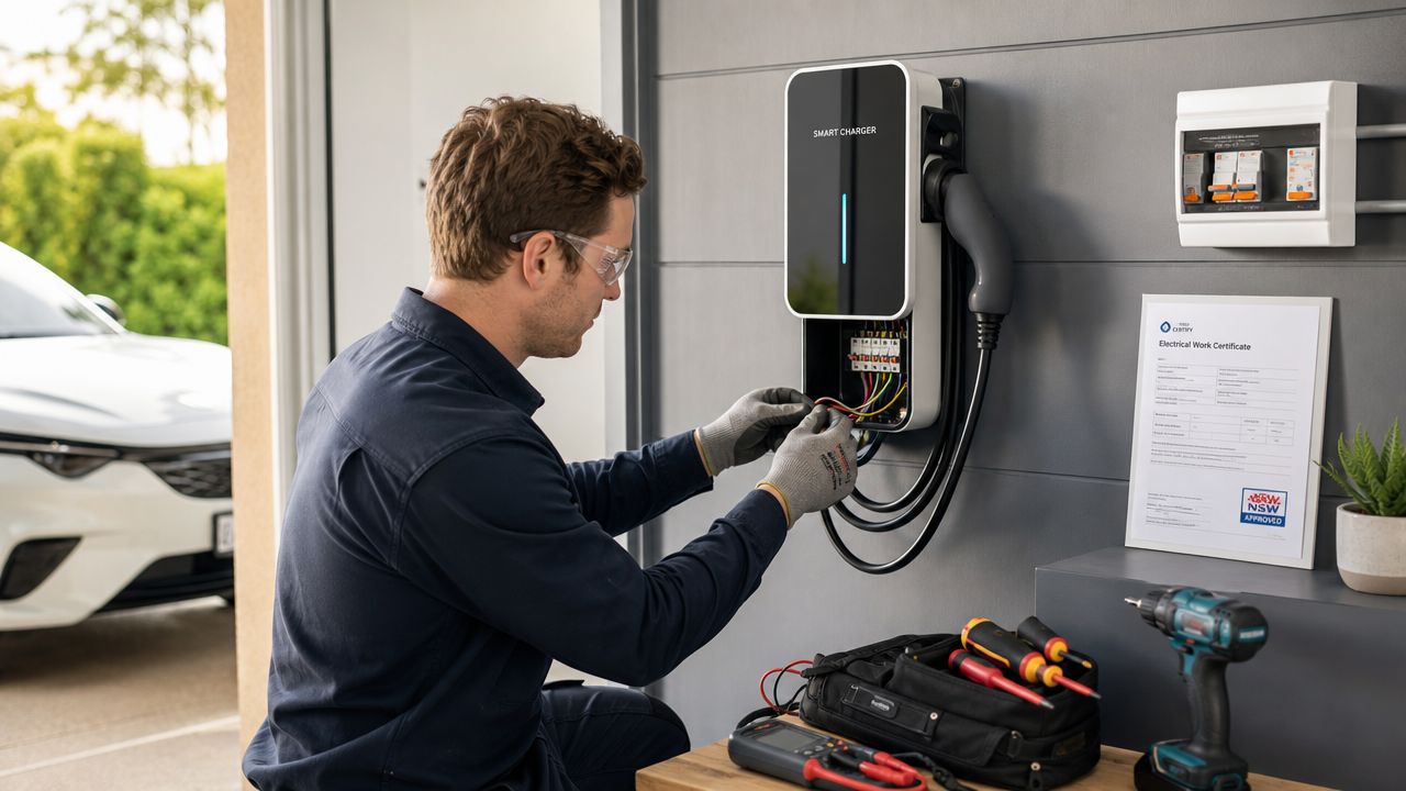 A professional electrician installing a wall-mounted smart electric vehicle charger in a home garage setting.