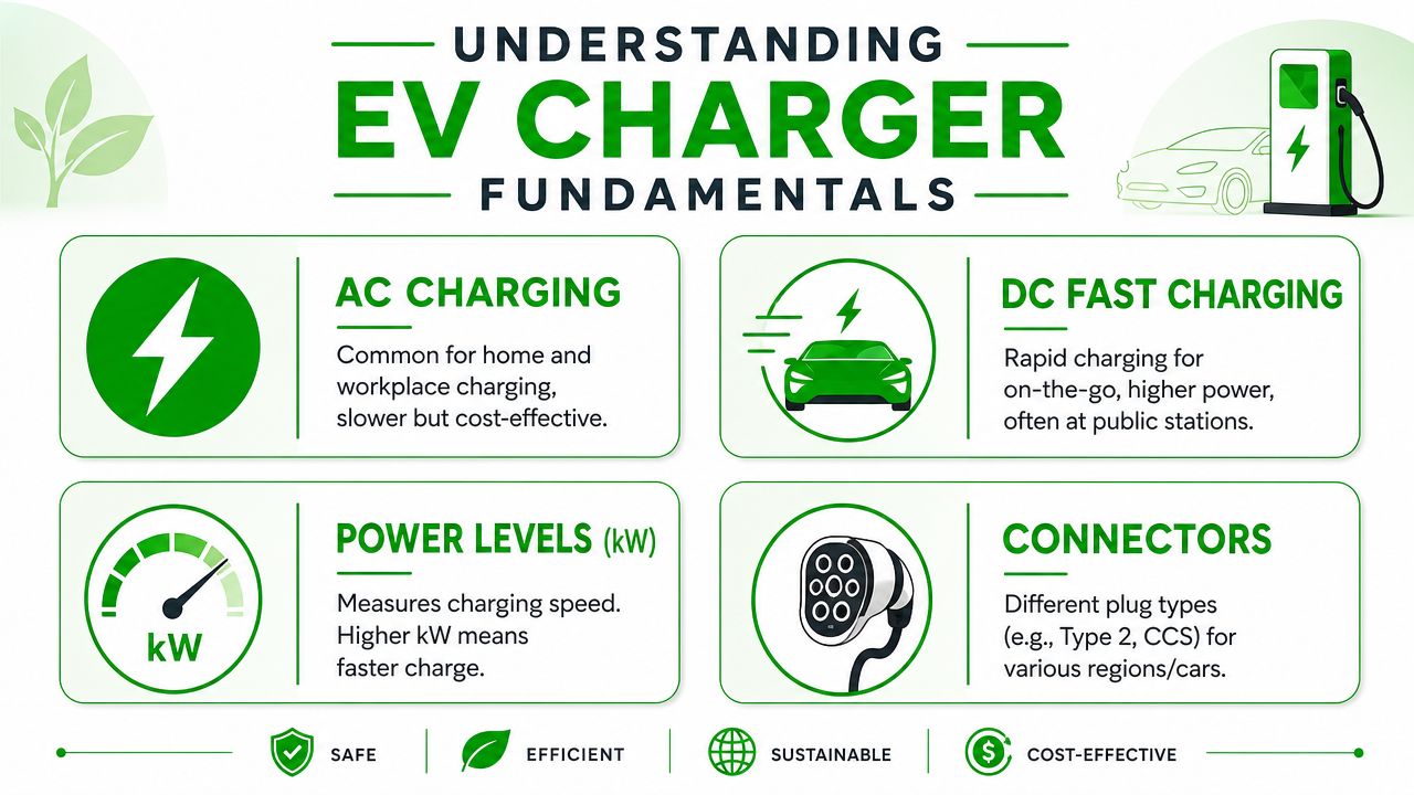 An infographic titled Understanding EV Charger Fundamentals illustrating AC charging, DC fast charging, power levels, and connector types.