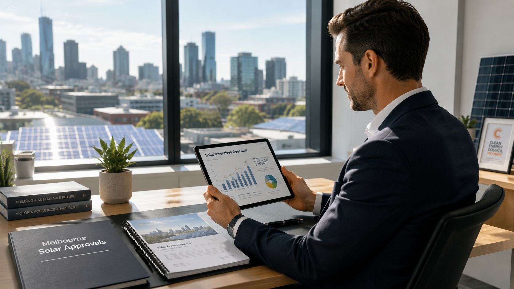 A professional man reviewing solar incentive data on a tablet in an office overlooking Melbourne.