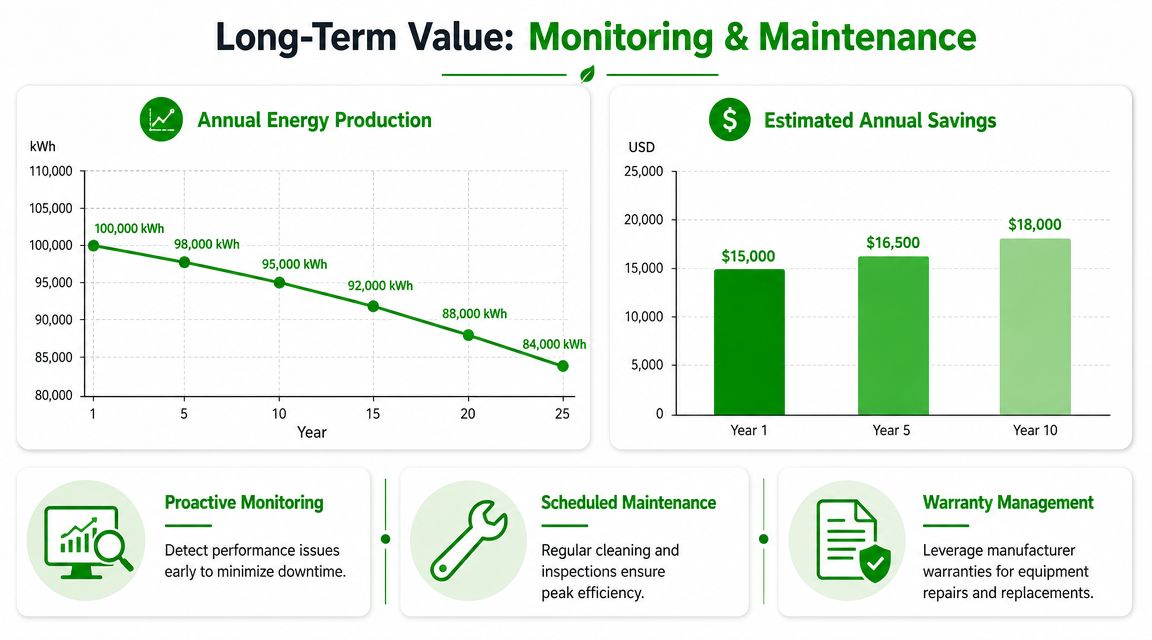 An infographic illustrating the long-term value of monitoring and maintenance for commercial solar energy systems.
